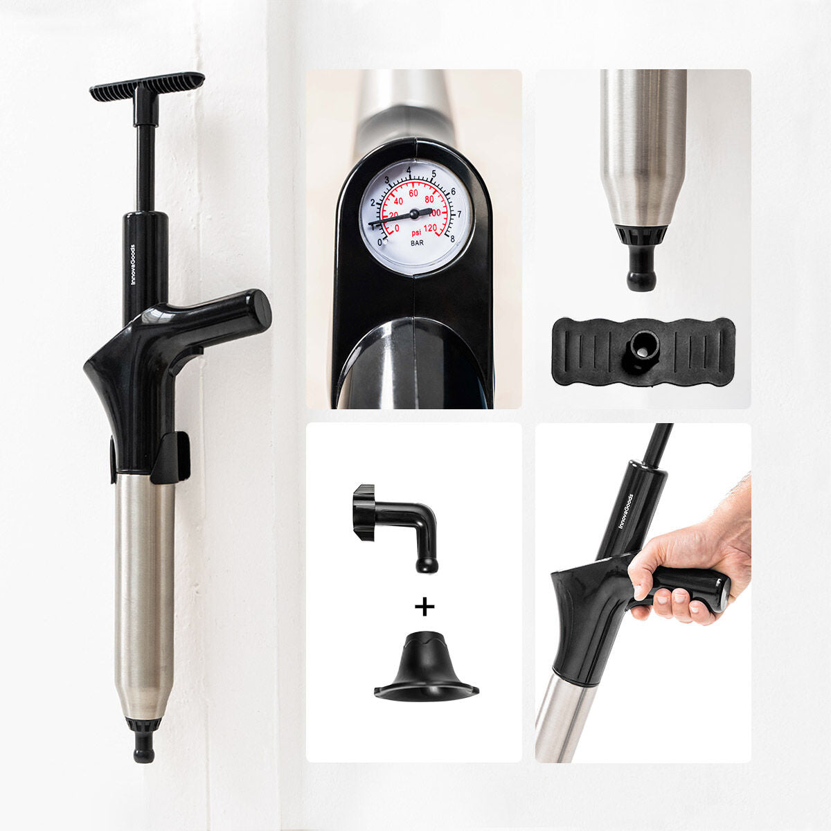 Hochdruck-Druckluftpömpel Jetpro InnovaGoods mit Manometer und Zubehör – Seitenansicht
