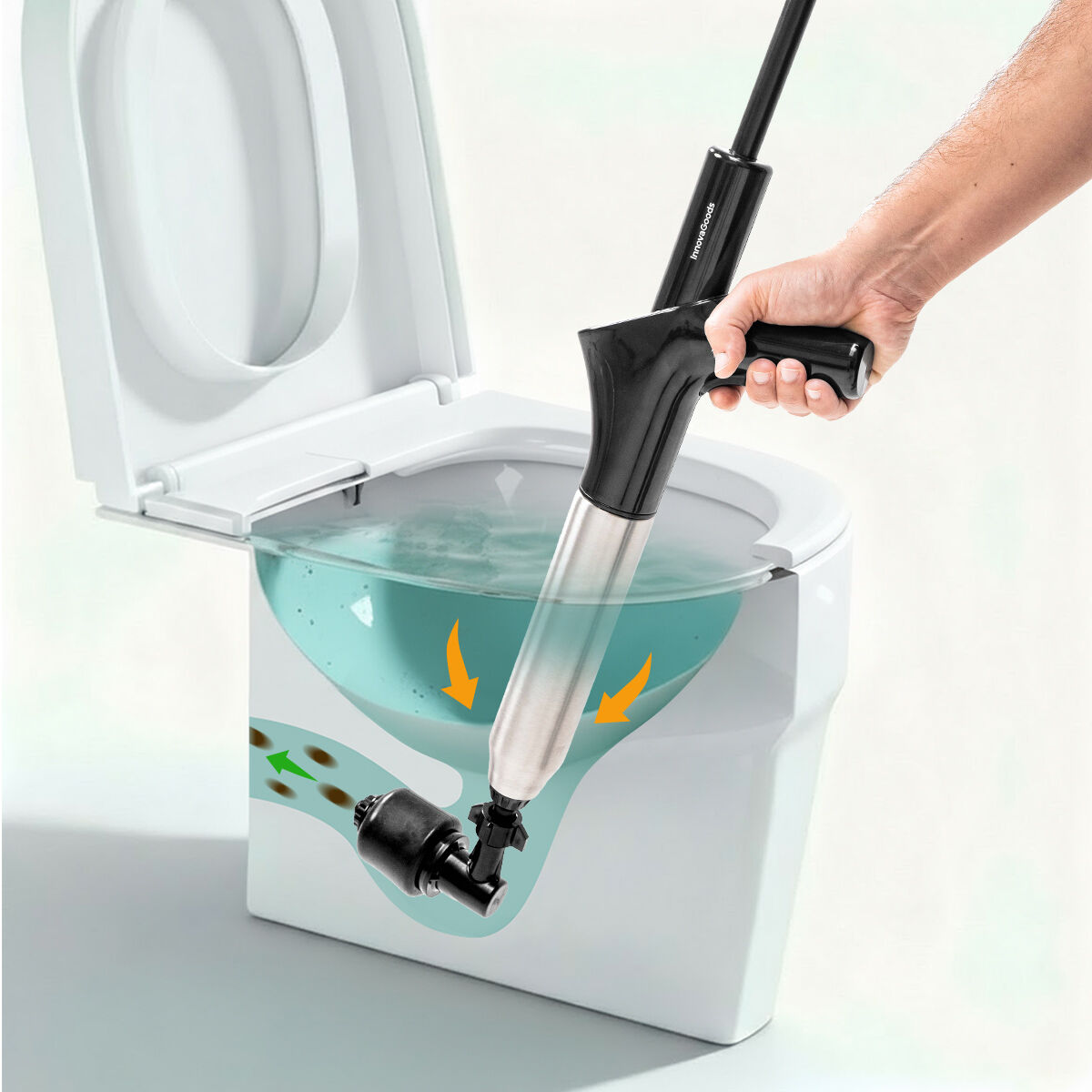 Hochdruck-Druckluftpömpel Jetpro InnovaGoods mit Manometer und Zubehör – Produktansicht