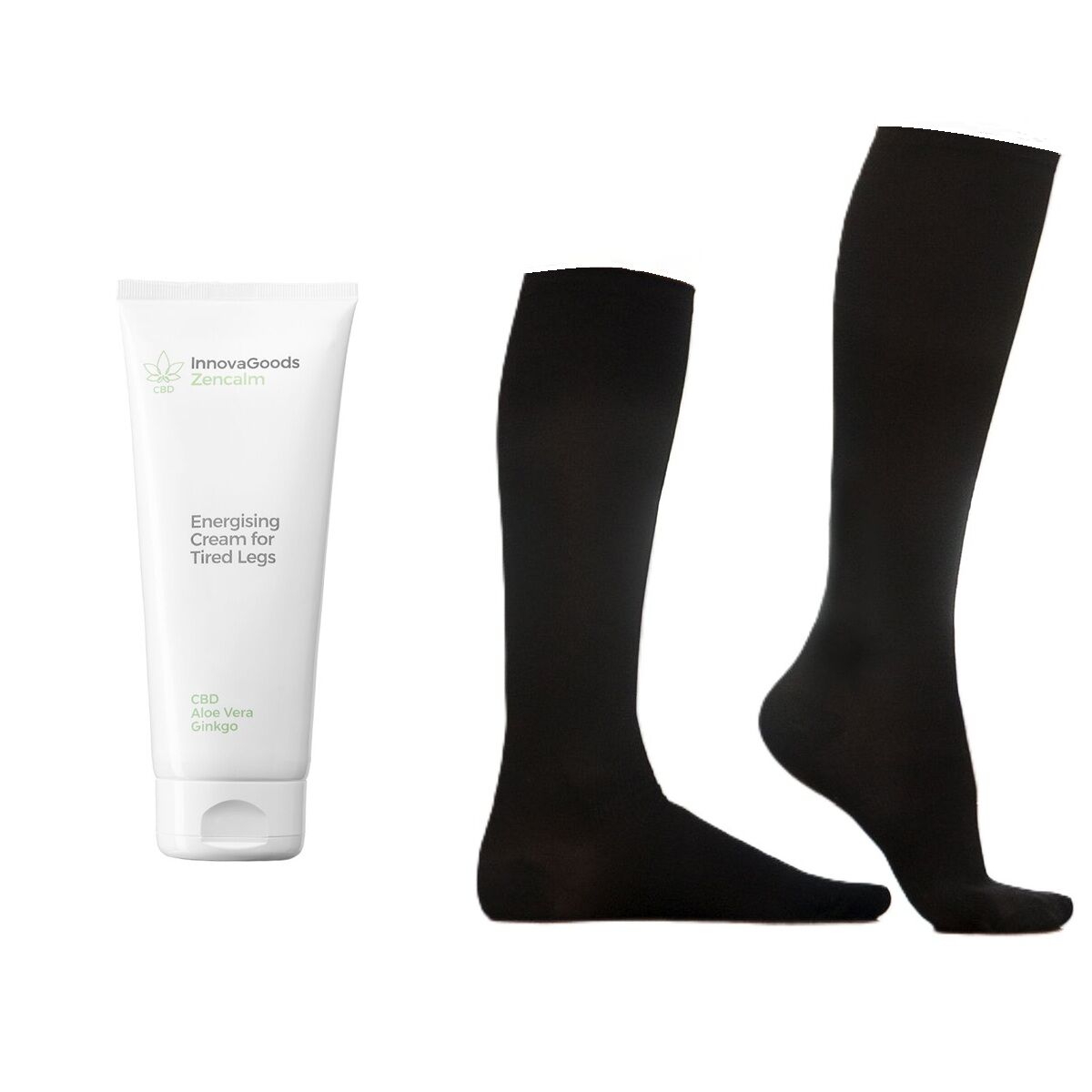 InnovaGoods Set mit CBD-Beincreme und schwarzen Kompressionssocken – Seitenansicht