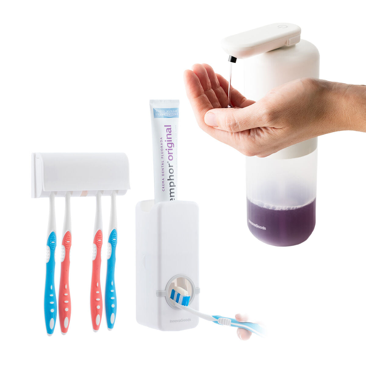 Set Zahnpasta Spender mit Bürstenhalter & Nachfüllbarer Seifenspender InnovaGoods