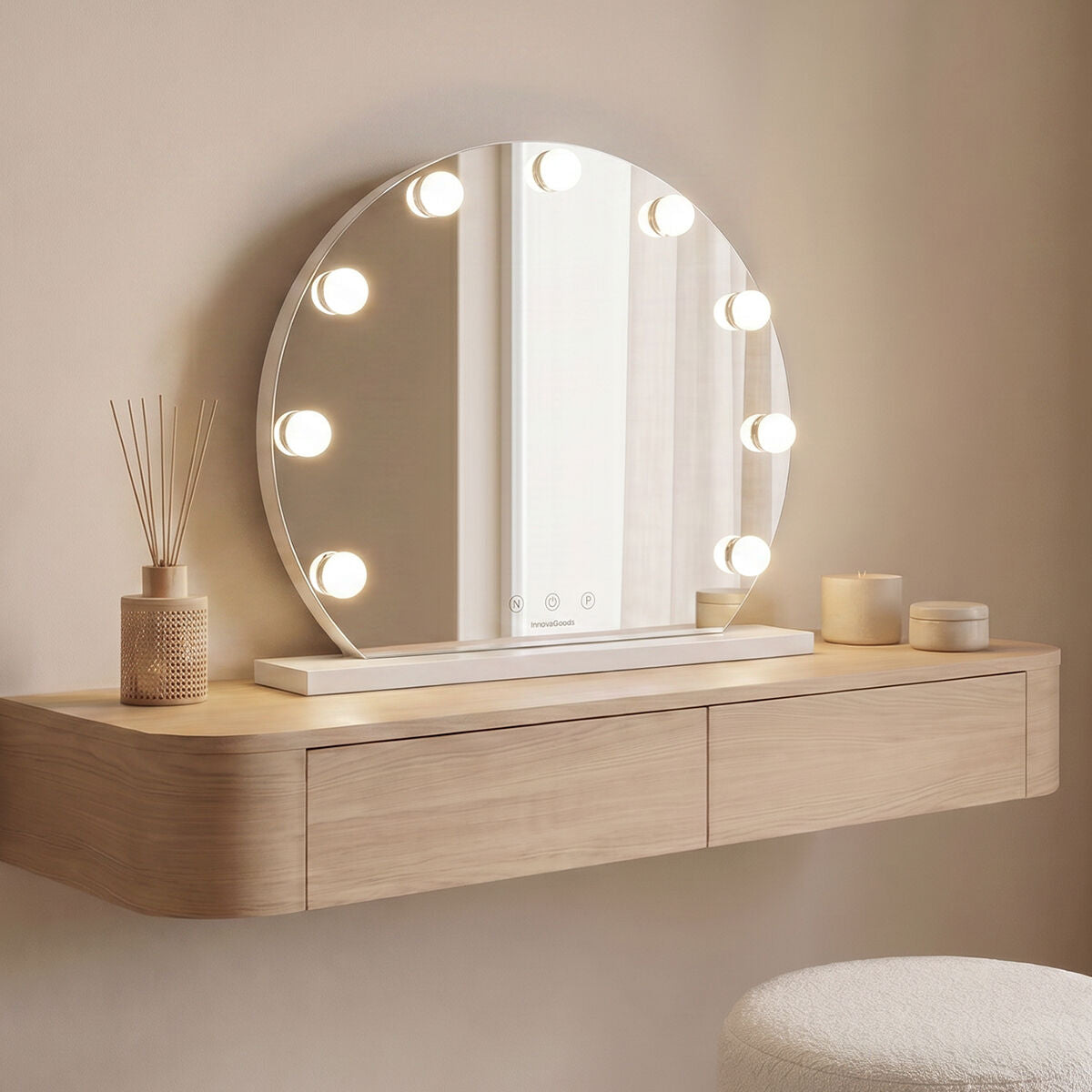 Runder LED-Schminkspiegel Hollywood Gloette von InnovaGoods mit 9 Glühbirnen – Produktansicht