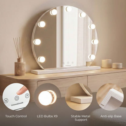 Runder LED-Schminkspiegel Hollywood Gloette von InnovaGoods mit 9 Glühbirnen – Anwendungsansicht