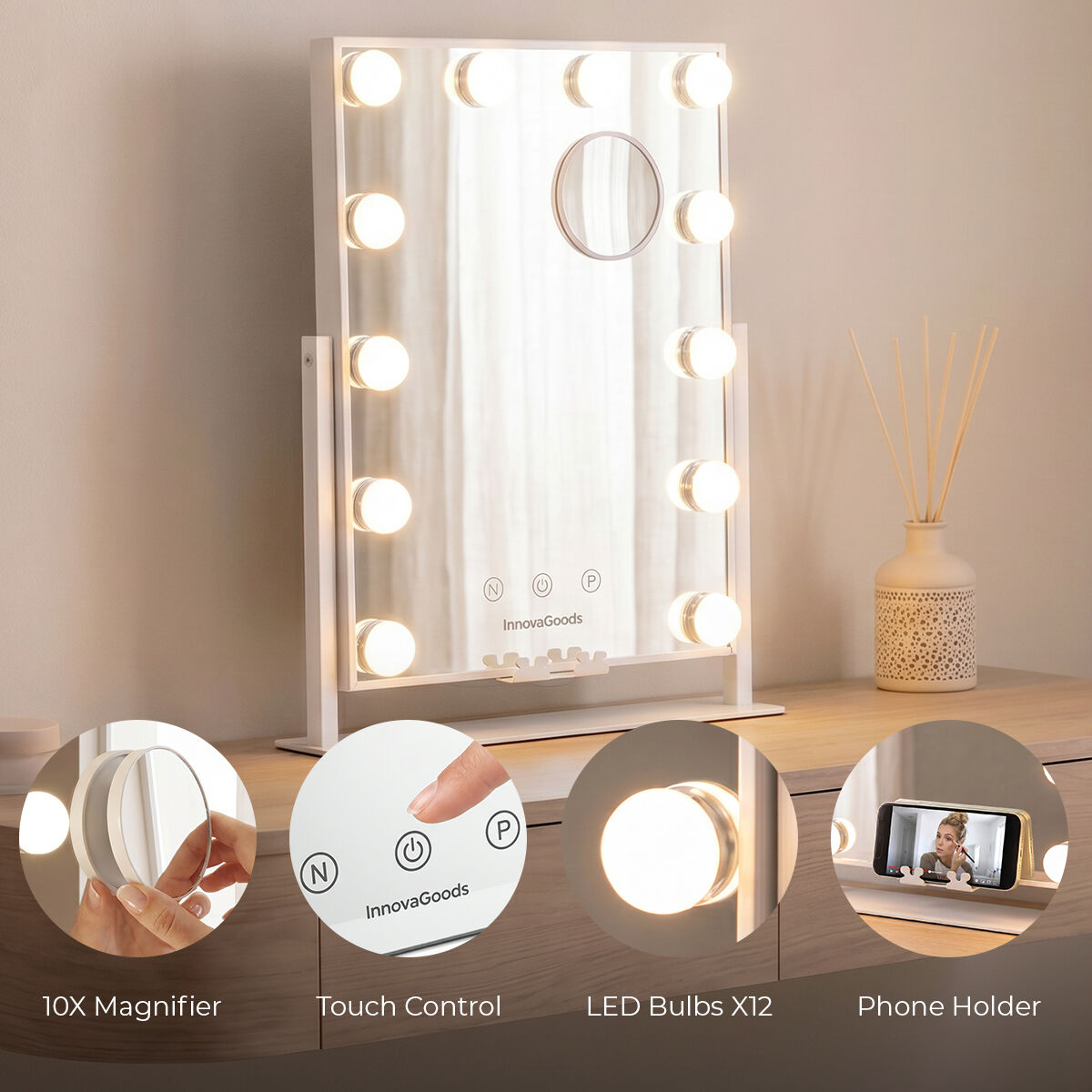 InnovaGoods Glarisse LED-Schminkspiegel Hollywood weiss mit 12 Lampen – Anwendungsansicht