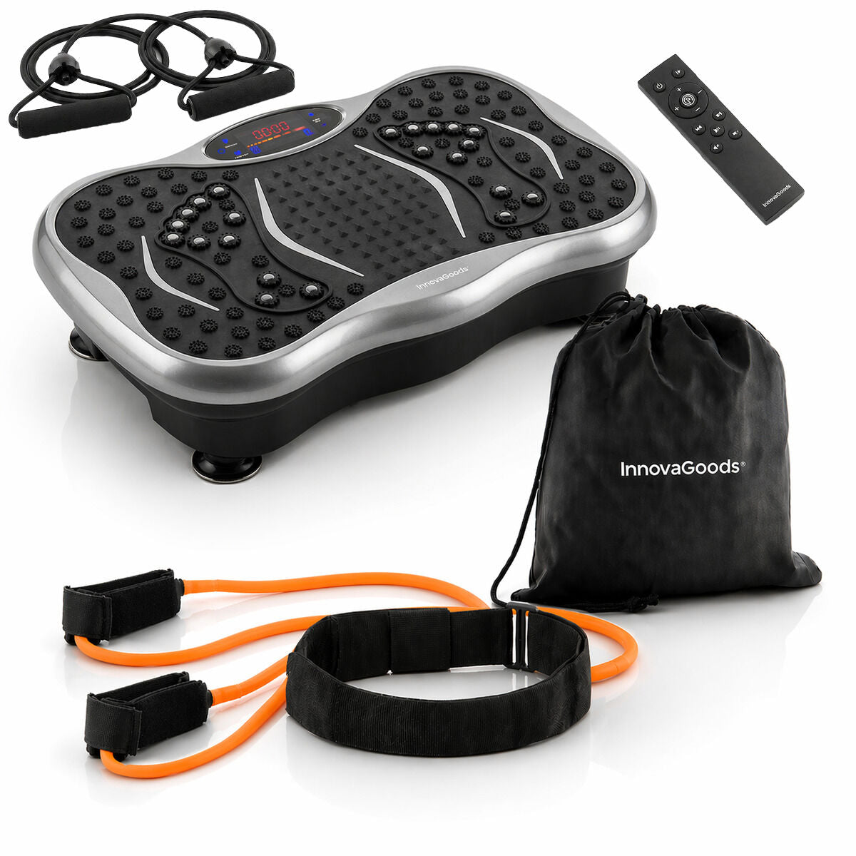 InnovaGoods Vibrationsplatte Set mit Lautsprecher, Fernbedienung und Widerstandsbändern – Produktansicht