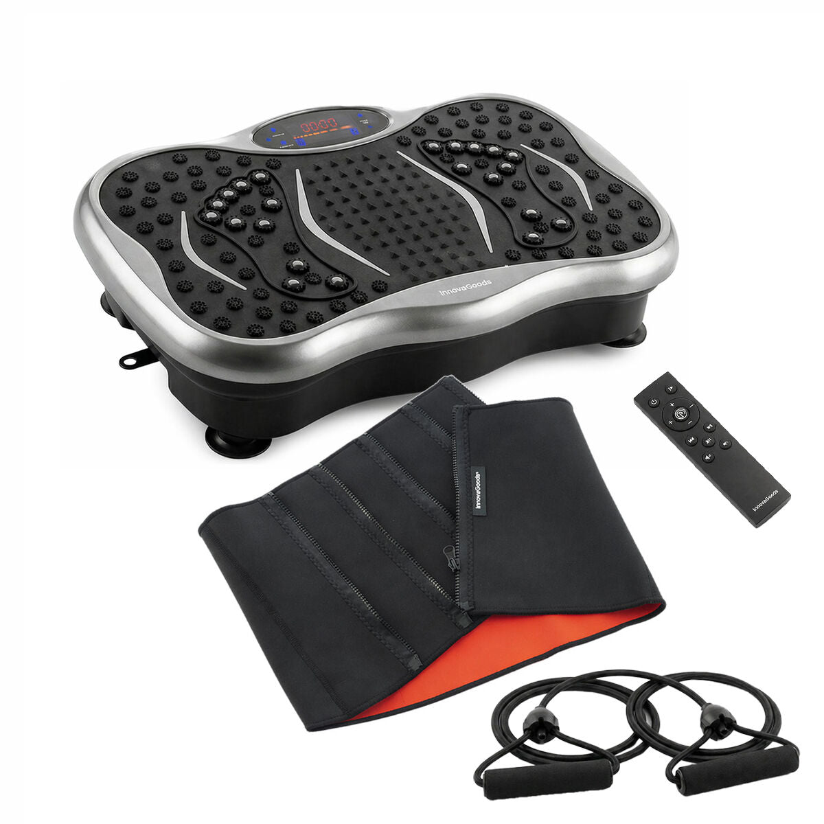 InnovaGoods Vibrationsplatte mit Lautsprecher, Widerstandsbändern, Fernbedienung und Sportgürtel – Produktansicht