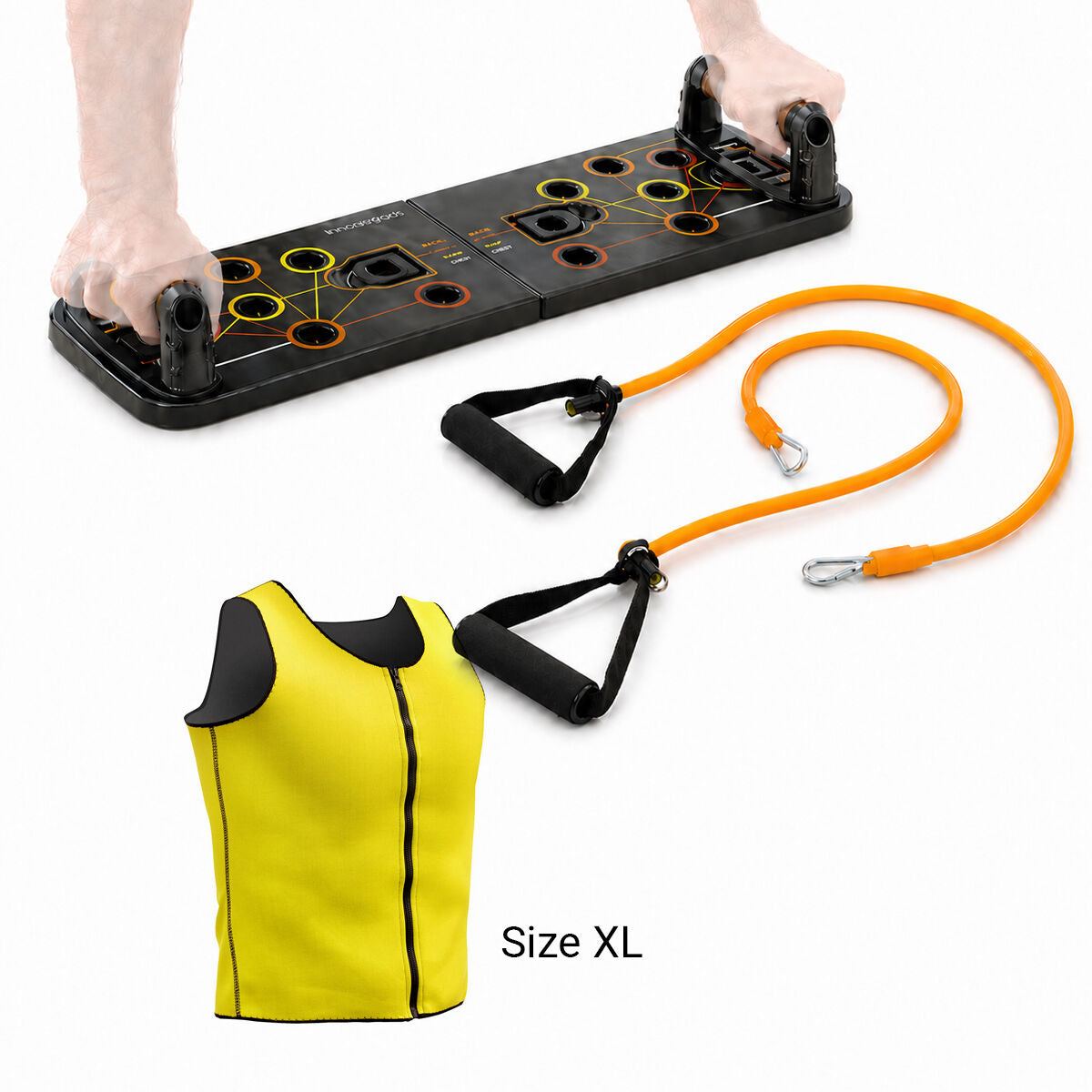 InnovaGoods Liegestützbrett mit Widerstandsbändern und Sauna-Sportweste Herren XL – Produktansicht