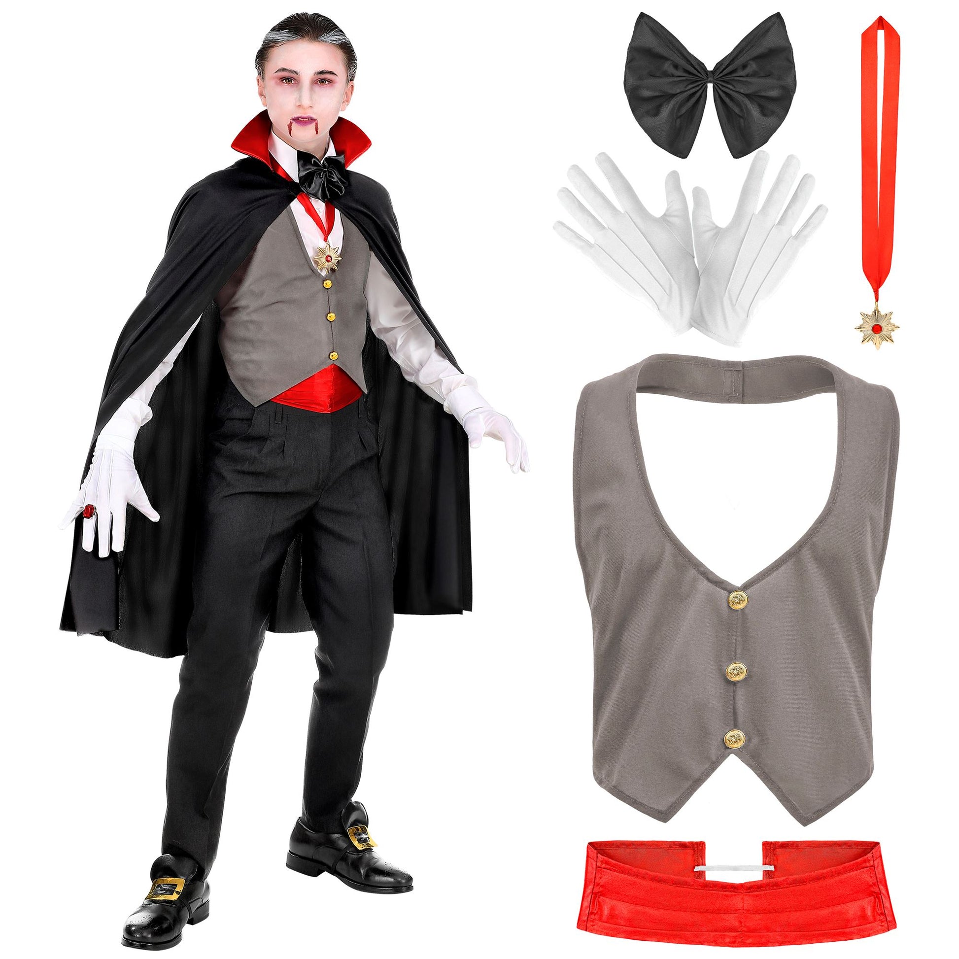 "VAMPIR" (Weste, Kummerbund, Fliege, Kette mit Medaillon, Handschuhe, Umhang) – Detailansicht