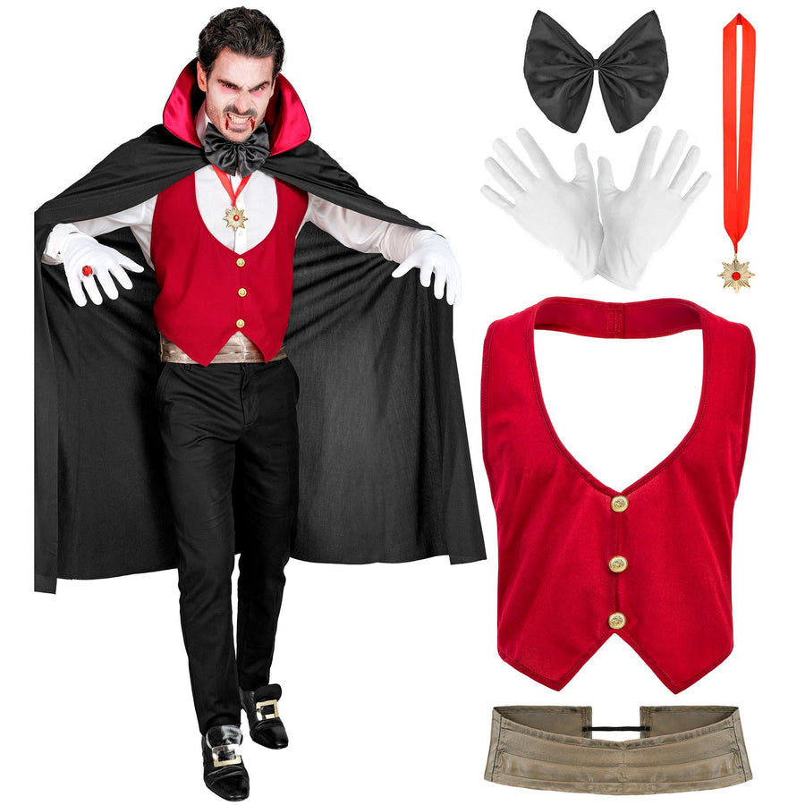 "VAMPIR" (Weste, Kummerbund, Fliege, Kette mit Medaillon, Handschuhe, Umhang) – Detailansicht