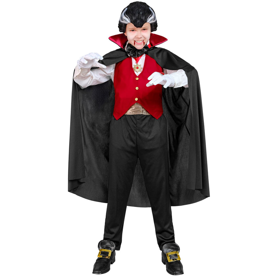 "VAMPIR" (Weste, Kummerbund, Fliege, Kette mit Medaillon, Handschuhe, Umhang) – Vorderansicht