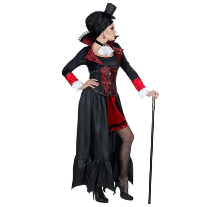 "VAMPIRESS" (Kleid mit langem Mantel, Halsband mit Jabot, Minihut) – Detailansicht