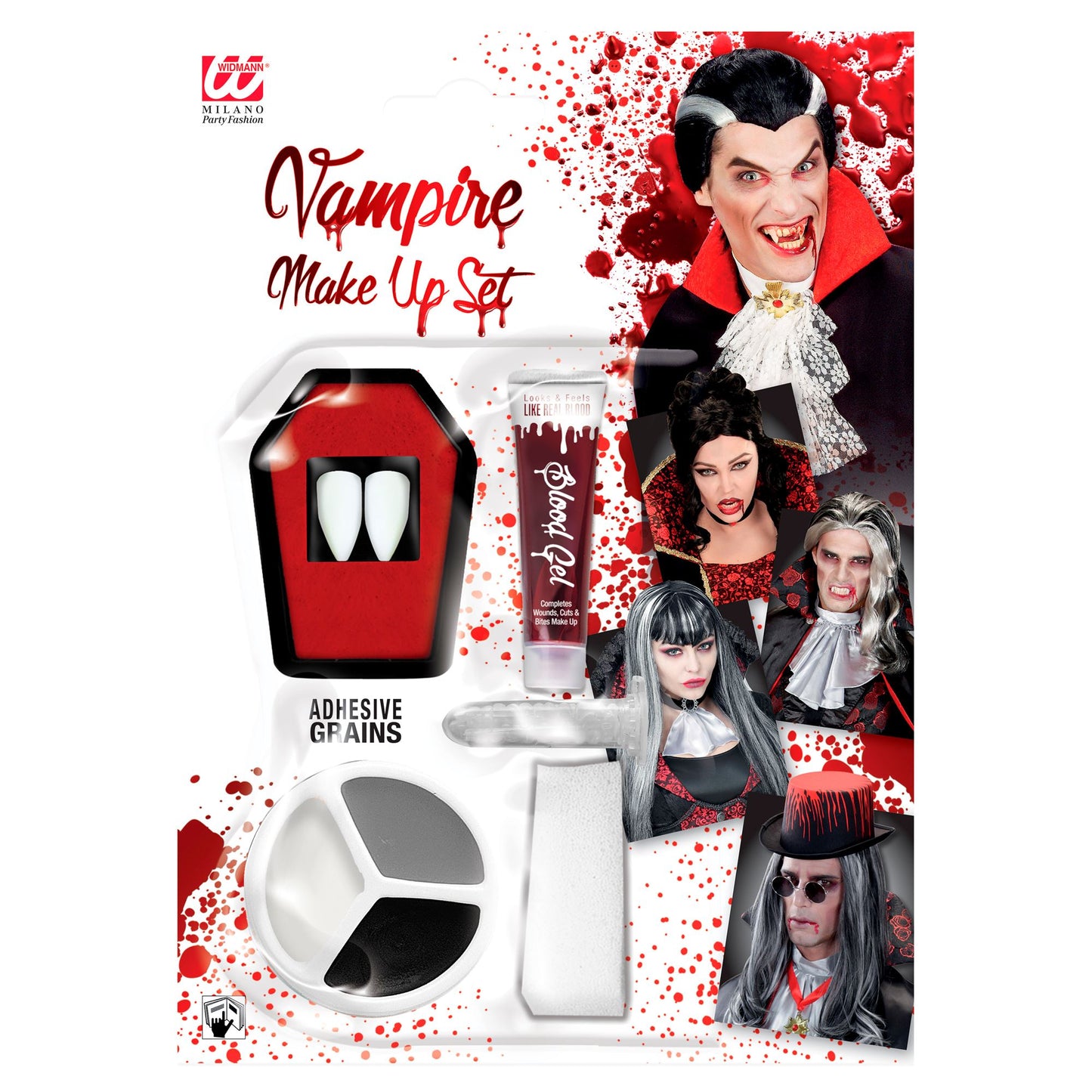 "VAMPIRSCHMINKE" (2 Eckzähne in Sarg , termoplastische kleberperlen 1,4 g, Blutgel 3 ml, 3 Farben Make-Up 4,5 ml, Schwamm) – Vorderansicht