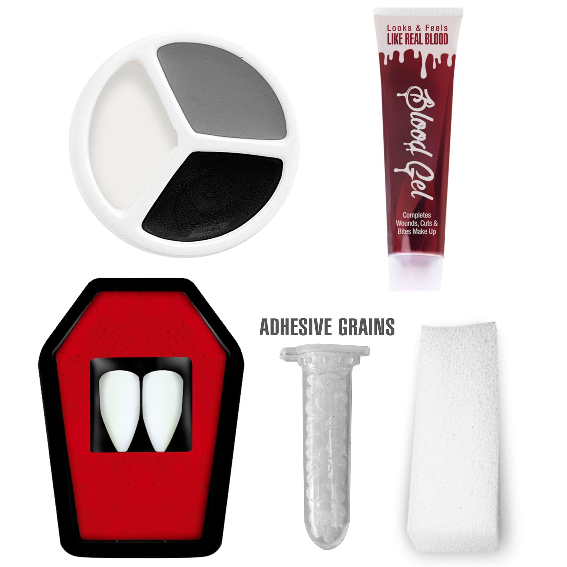"VAMPIRSCHMINKE" (2 Eckzähne in Sarg , termoplastische kleberperlen 1,4 g, Blutgel 3 ml, 3 Farben Make-Up 4,5 ml, Schwamm) – Detailansicht