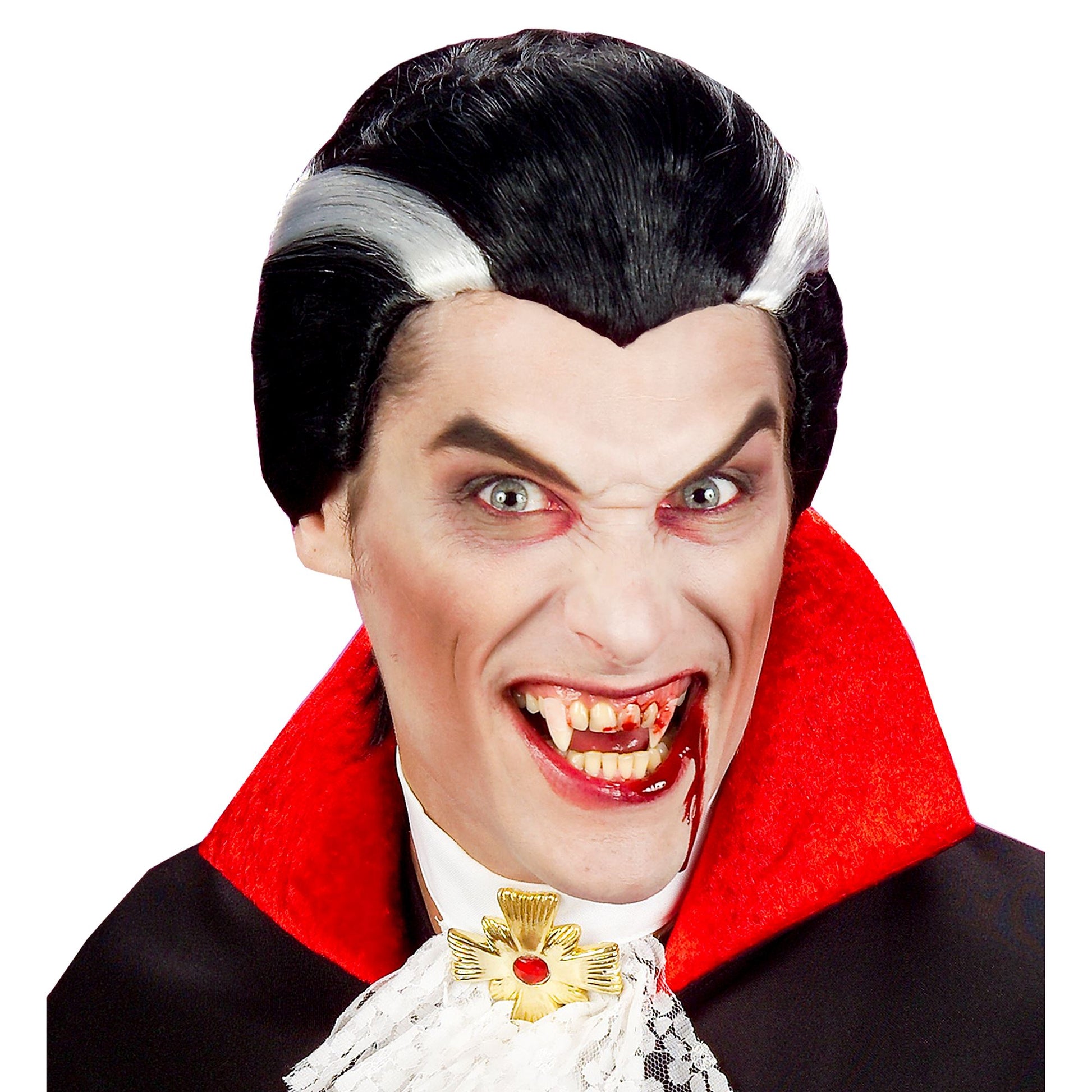 "VAMPIRSCHMINKE" (2 Eckzähne in Sarg , termoplastische kleberperlen 1,4 g, Blutgel 3 ml, 3 Farben Make-Up 4,5 ml, Schwamm) – Ansicht 3