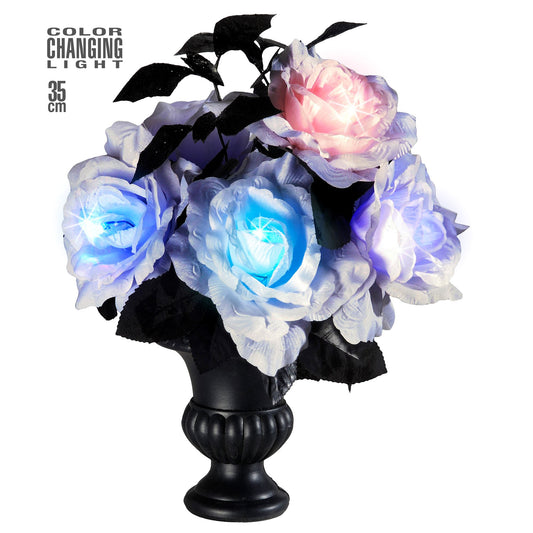 "VASE MIT 6 WEIßEN LECHTENDEN FARBWECHSELNDEN ROSEN" 35 cm – Vorderansicht