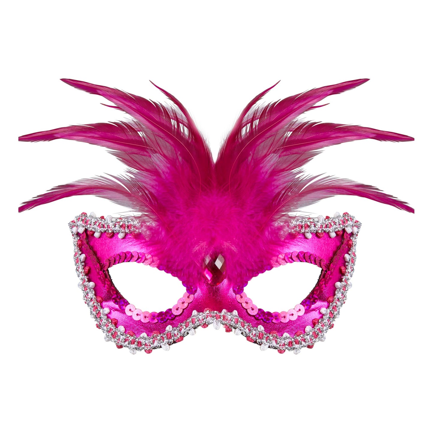 "VENEZIANISCHE AUGENMASKE BARONESS METALLISCH PINK MIT EDELSTEIN, PERLEN, PAILLETTENRAND UND FEDERN" – Vorderansicht