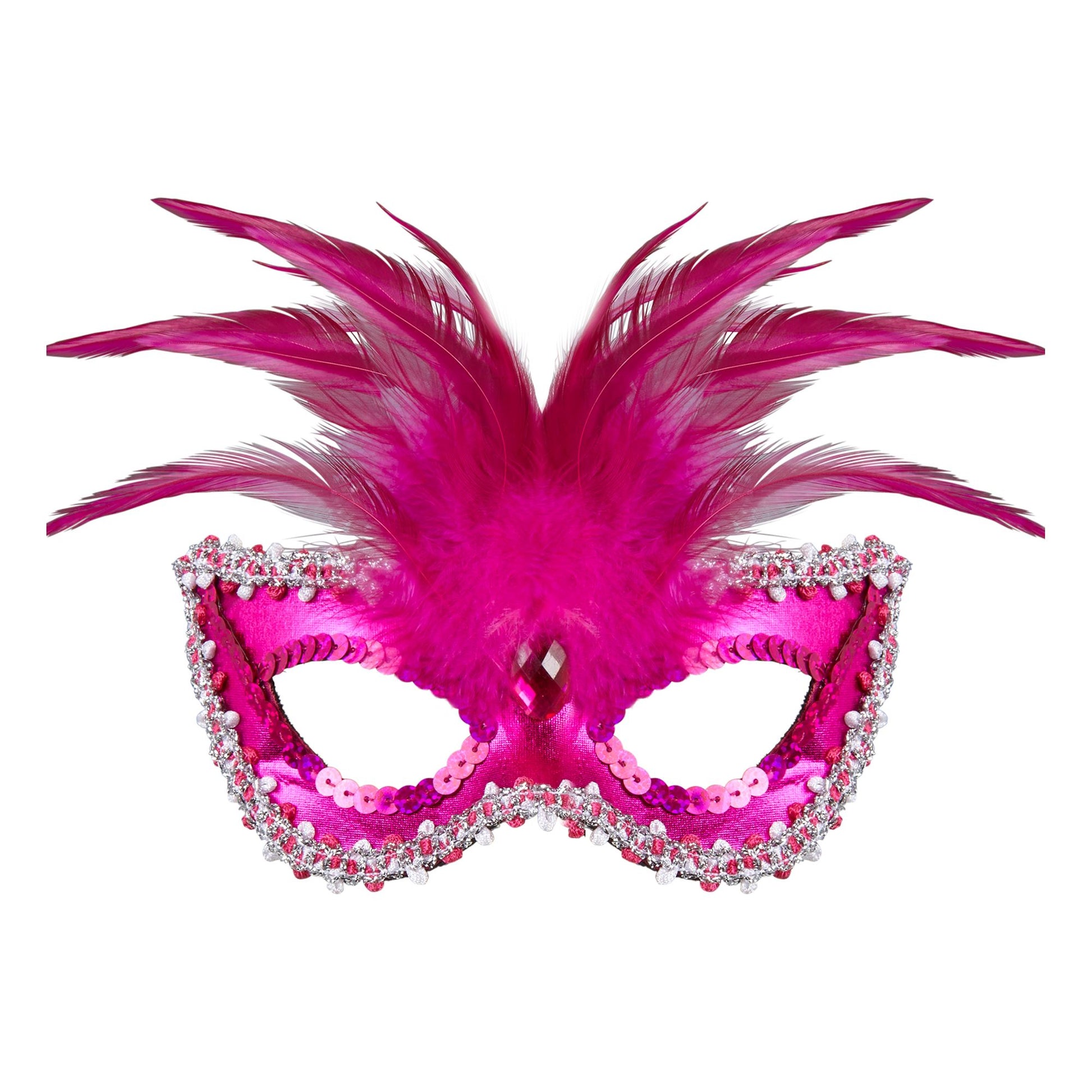 "VENEZIANISCHE AUGENMASKE BARONESS METALLISCH PINK MIT EDELSTEIN, PERLEN, PAILLETTENRAND UND FEDERN" – Vorderansicht