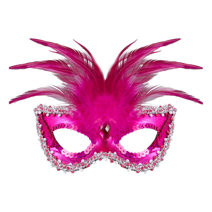 "VENEZIANISCHE AUGENMASKE BARONESS METALLISCH PINK MIT EDELSTEIN, PERLEN, PAILLETTENRAND UND FEDERN" – Vorderansicht
