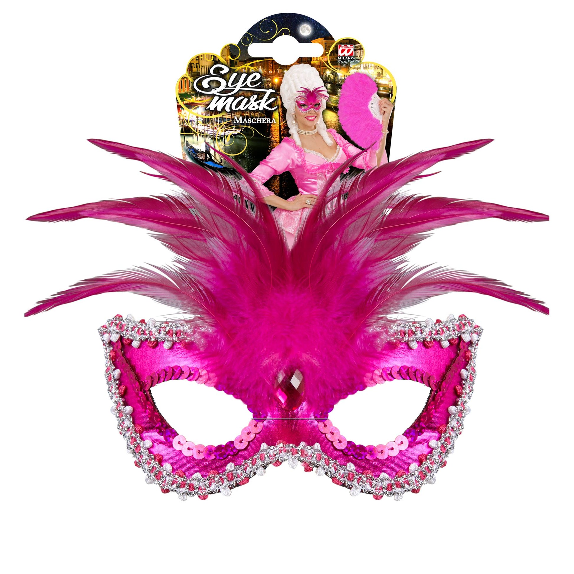 "VENEZIANISCHE AUGENMASKE BARONESS METALLISCH PINK MIT EDELSTEIN, PERLEN, PAILLETTENRAND UND FEDERN" – Detailansicht