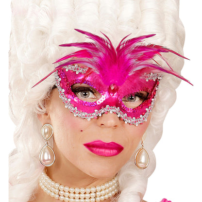 "VENEZIANISCHE AUGENMASKE BARONESS METALLISCH PINK MIT EDELSTEIN, PERLEN, PAILLETTENRAND UND FEDERN" – Ansicht 3