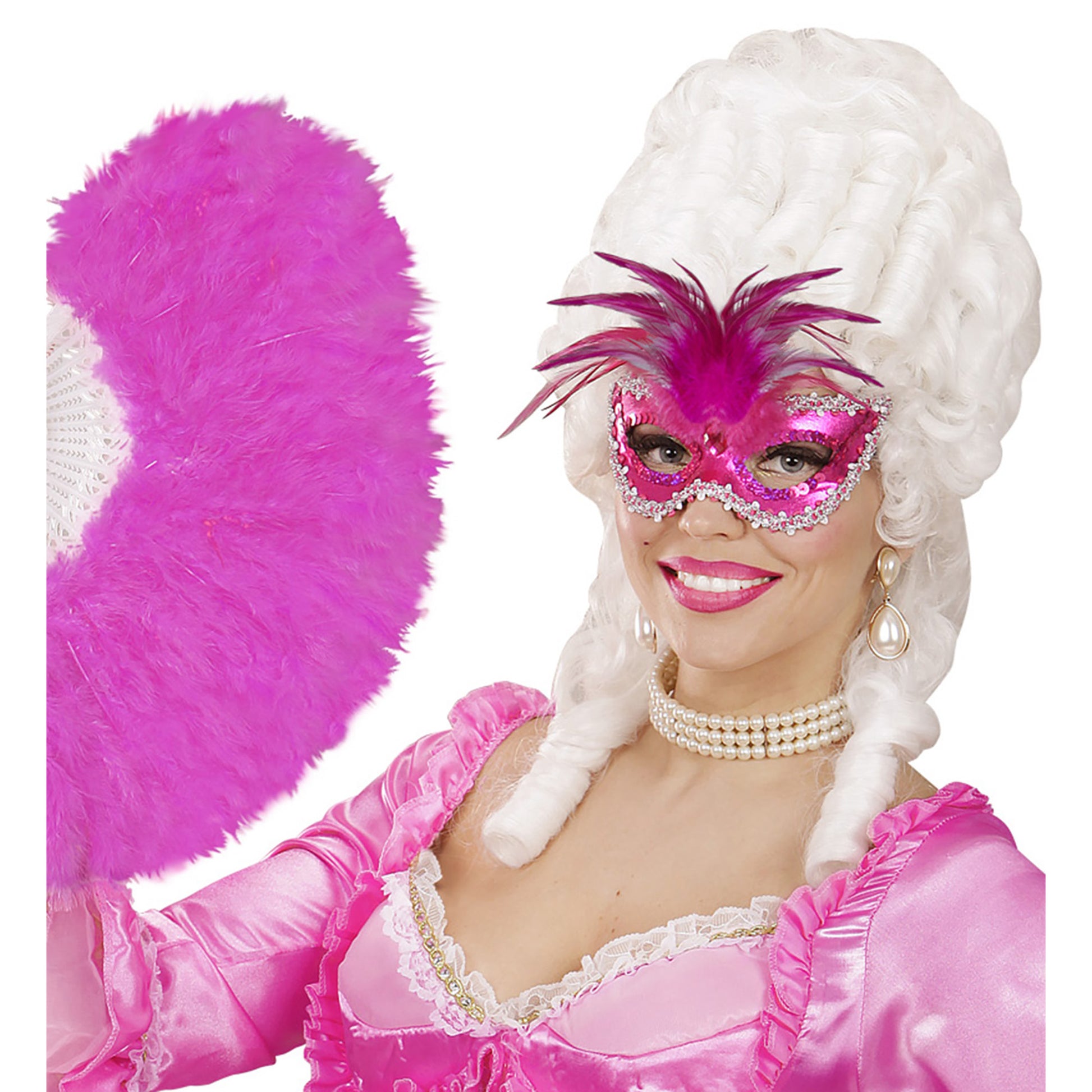 "VENEZIANISCHE AUGENMASKE BARONESS METALLISCH PINK MIT EDELSTEIN, PERLEN, PAILLETTENRAND UND FEDERN" – Ansicht 4