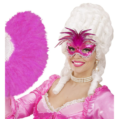 "VENEZIANISCHE AUGENMASKE BARONESS METALLISCH PINK MIT EDELSTEIN, PERLEN, PAILLETTENRAND UND FEDERN" – Ansicht 4