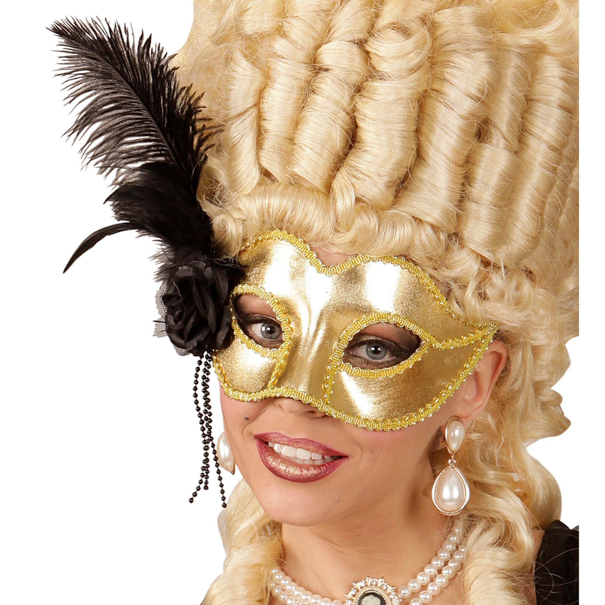 "VENEZIANISCHE AUGENMASKE IN GOLD MIT ROSE, PERLEN UND FEDERN" – Detailansicht