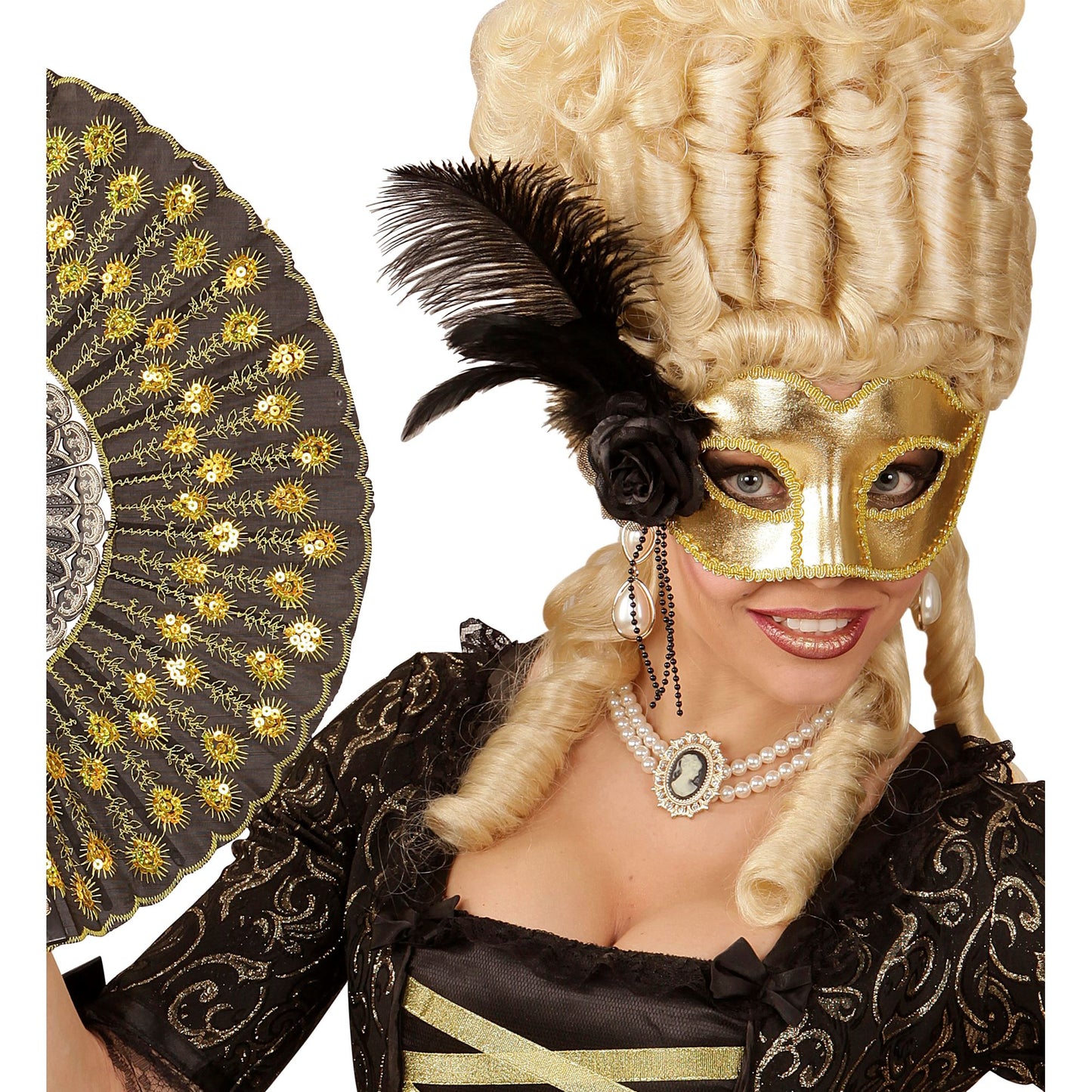 "VENEZIANISCHE AUGENMASKE IN GOLD MIT ROSE, PERLEN UND FEDERN" – Ansicht 3