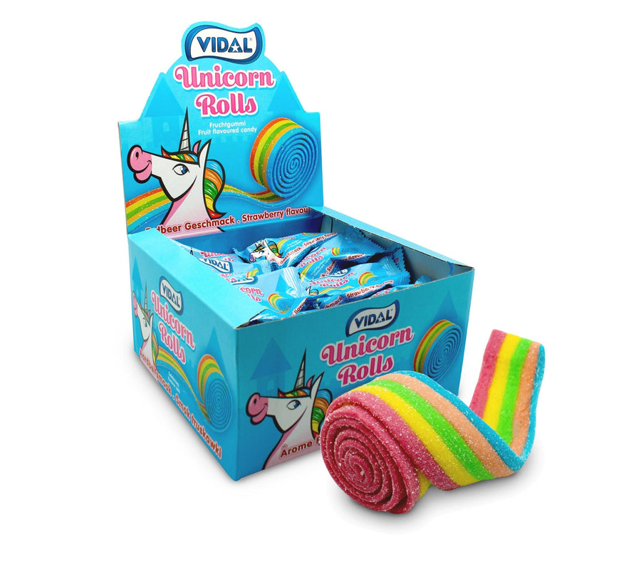 Vidal Unicorn Rolls Fruchtgummi-Rollen Erdbeer 24 x 19 g im Thekendisplay – Produktansicht
