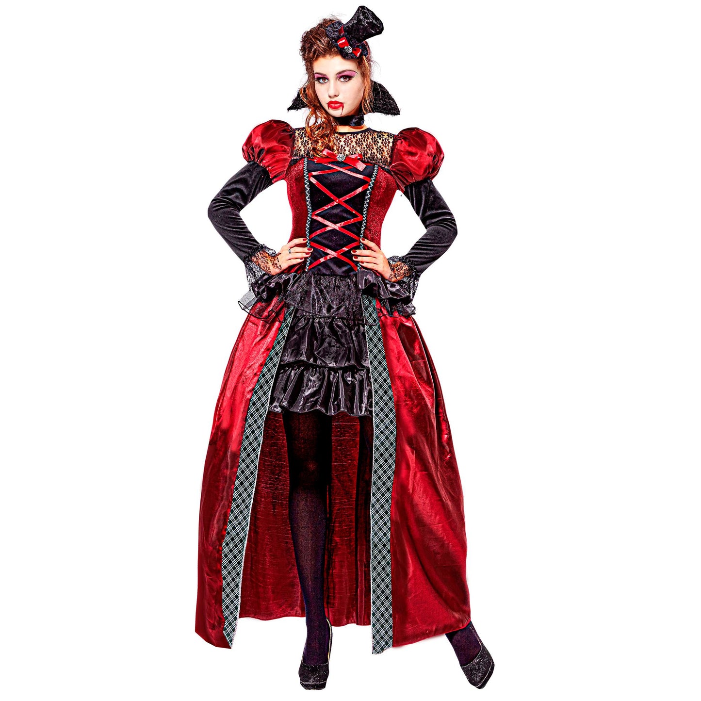 "VIKTORIANISCHE VAMPIRIN" (Kleid, Stehkragen, Minihut) – Vorderansicht