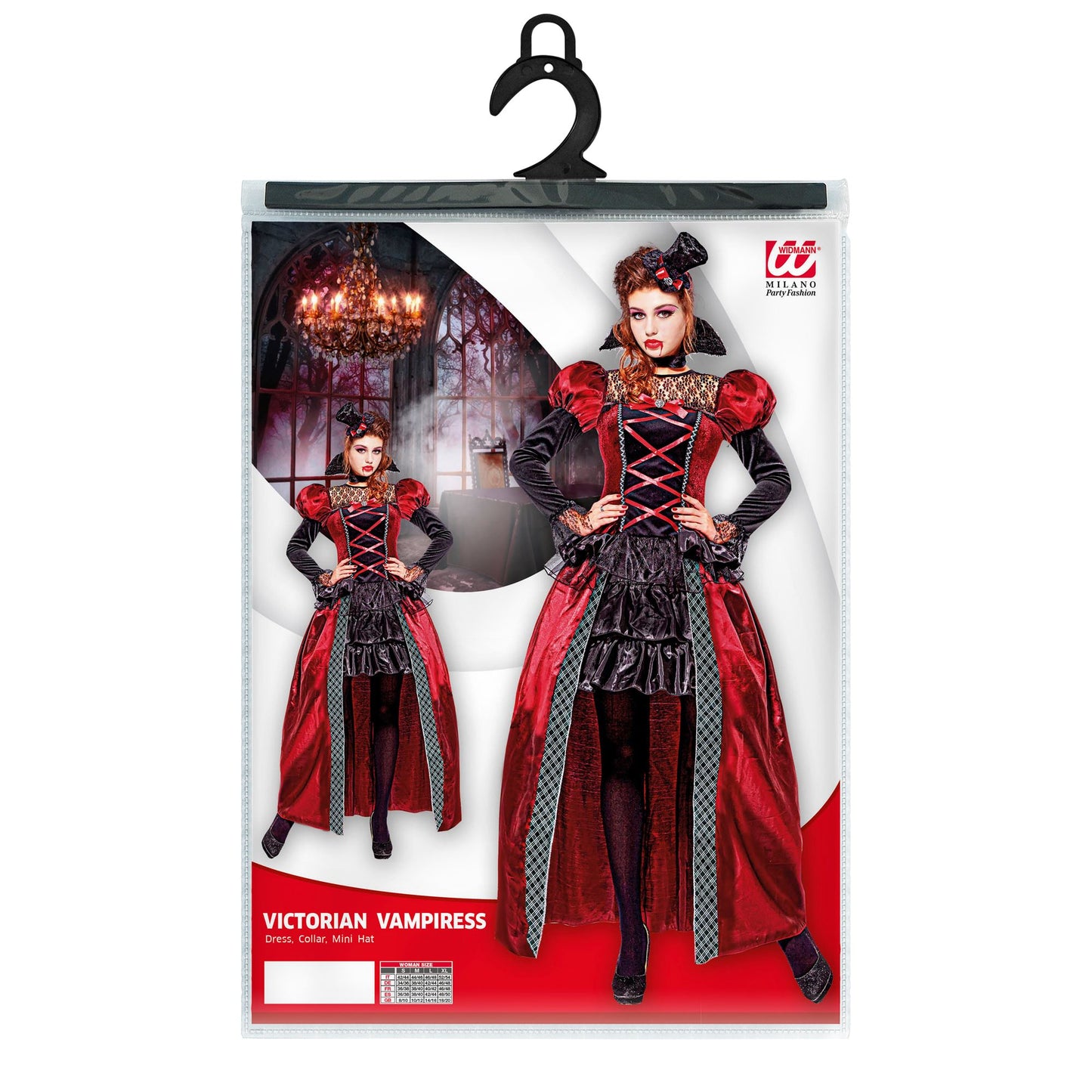 "VIKTORIANISCHE VAMPIRIN" (Kleid, Stehkragen, Minihut) – Detailansicht