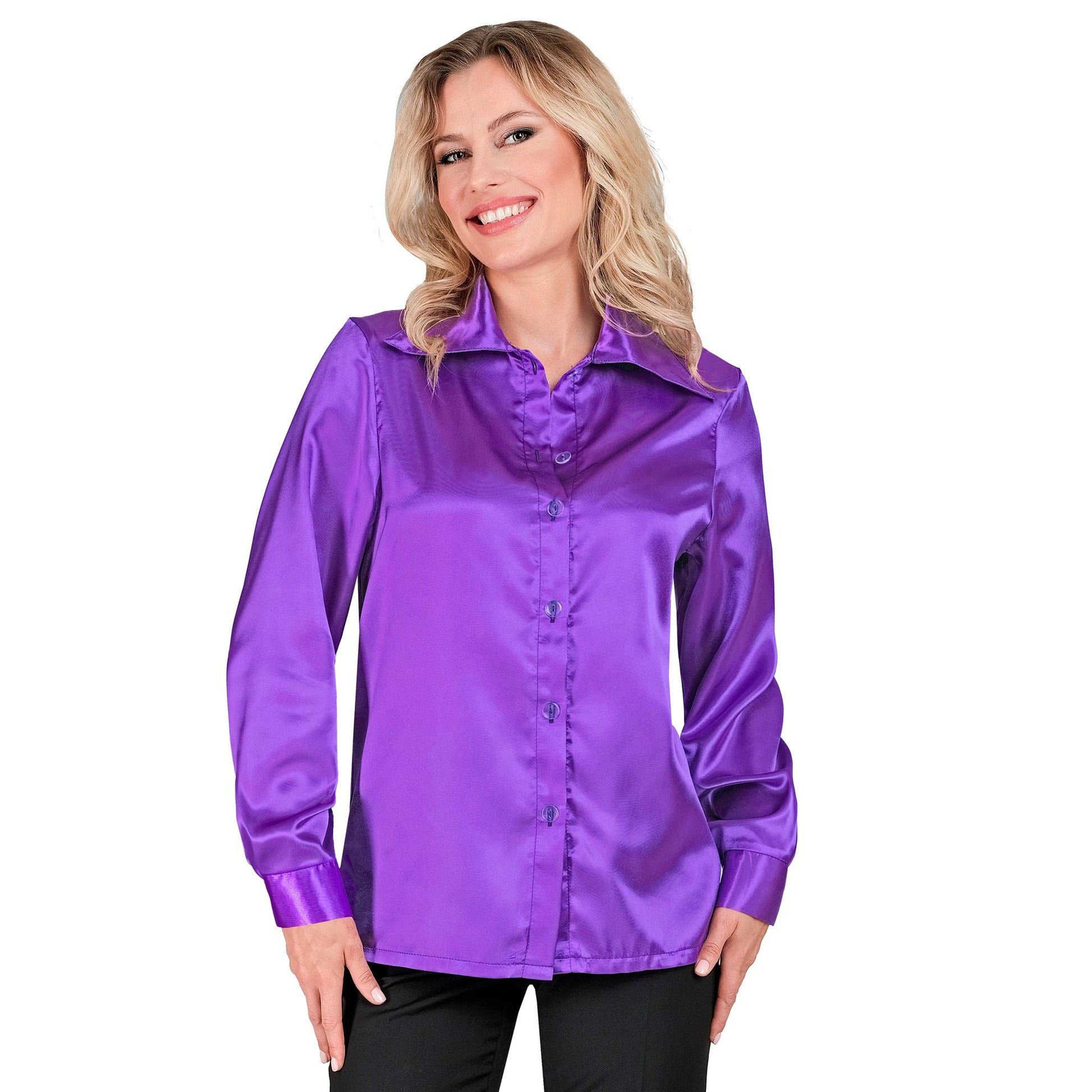 "VIOLETTE 70s DISCO BLUSE" aus Satin – Vorderansicht