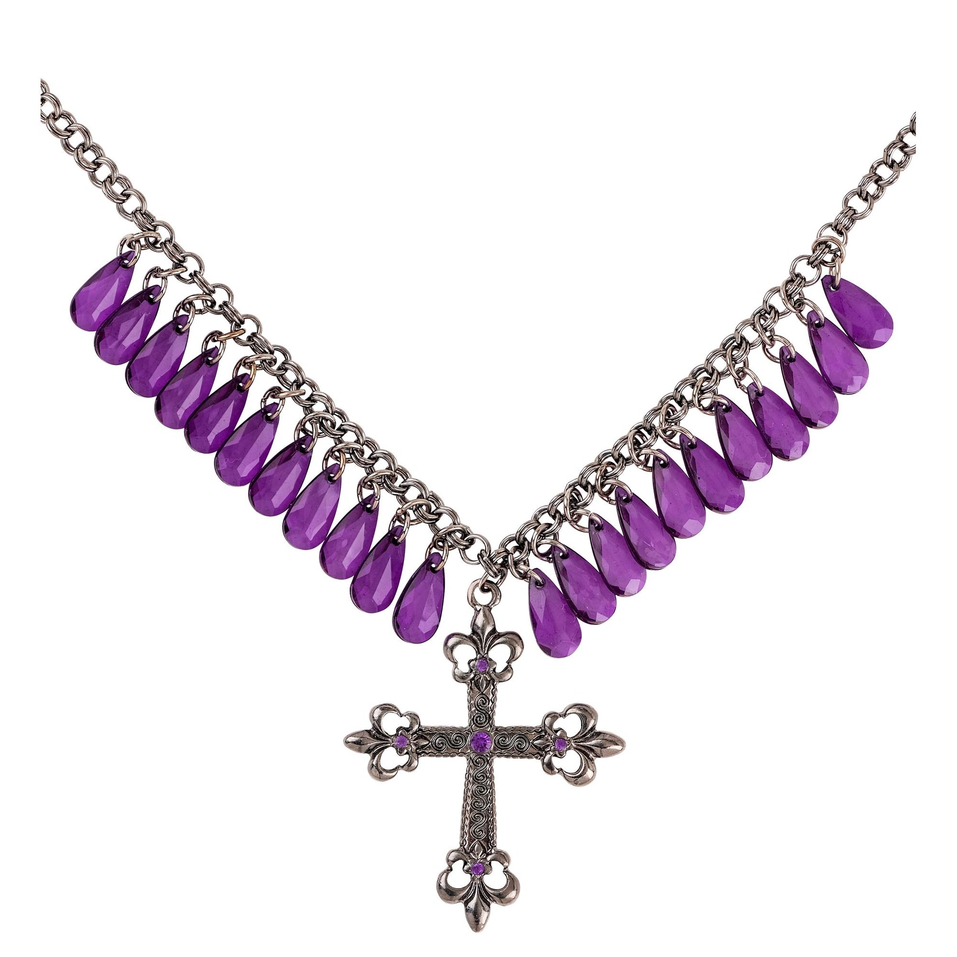 "VIOLETTE GOTISCHE KREUZHALSKETTE MIT JUPITERTROPFEN" – Vorderansicht