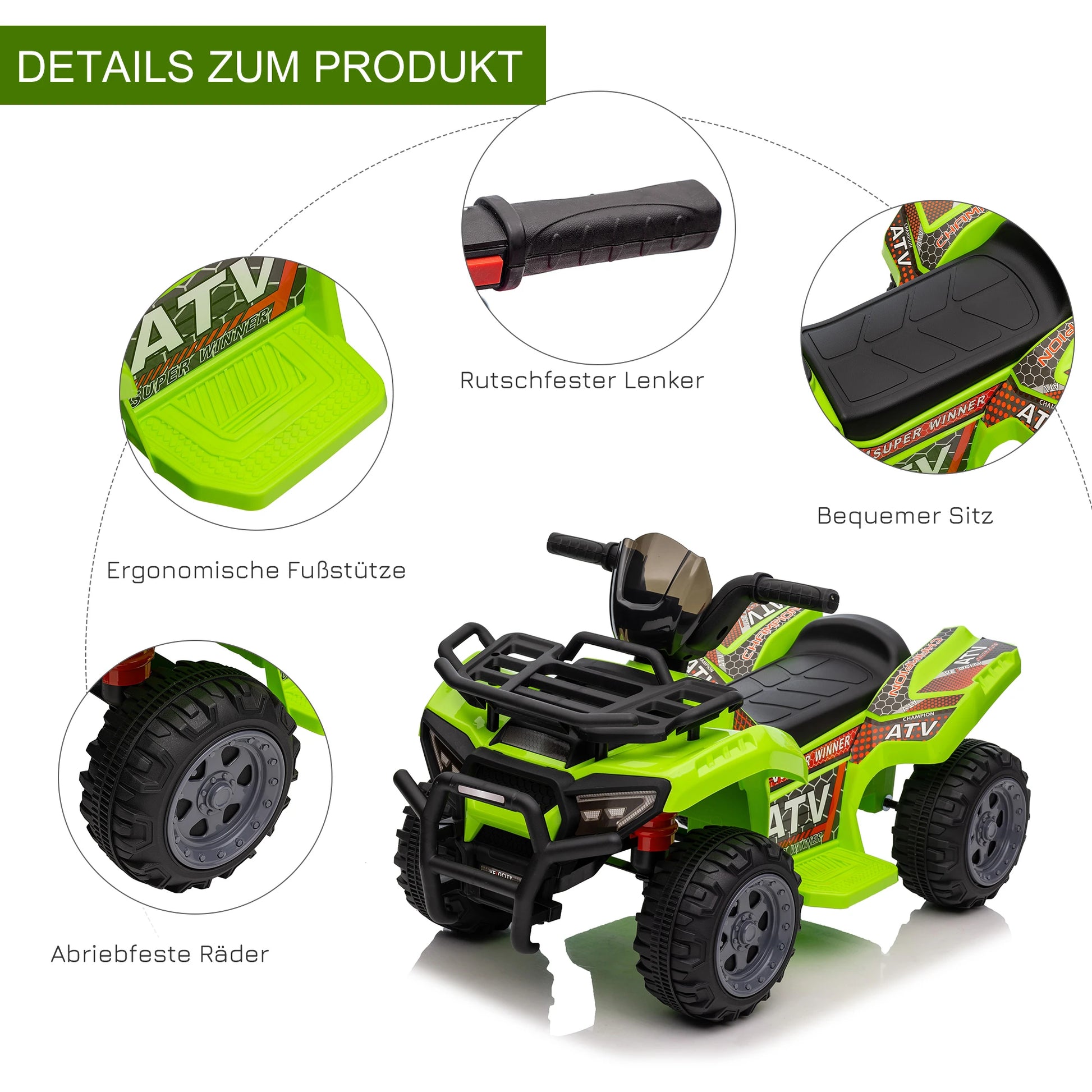 Grünes Elektro-Quad für Kinder mit breiten Reifen und Musikfunktion, ideal für 18-36 Monate.