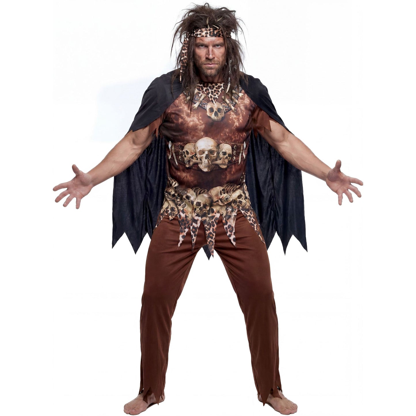 "VOODOO PRIESTER" (Oberteil, Hose, Sitrnband, Umhang) – Detailansicht