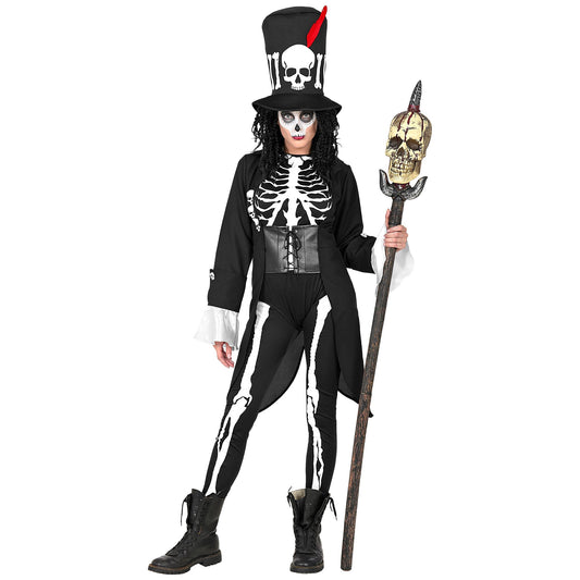 "VOODOO PRIESTERIN" (Frack mit Korsett, Gürtel mit Armstulpen, Overall, Slip, Hut) – Vorderansicht