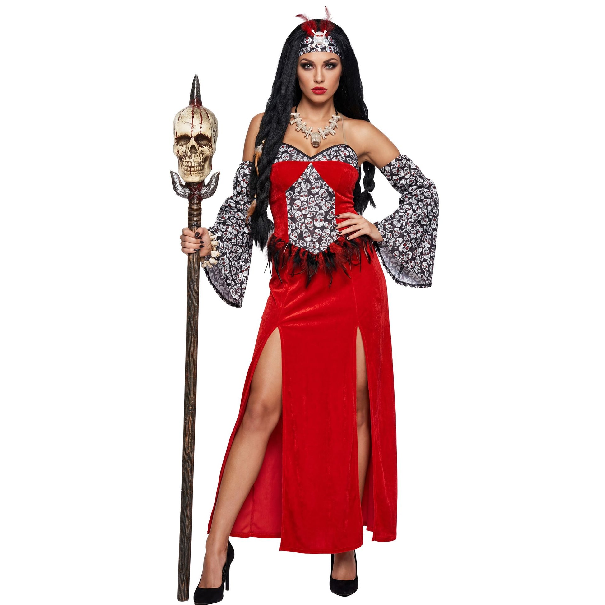 "VOODOO PRIESTERIN" (Kleid, Ärmel, Kopfbedeckung) – Vorderansicht