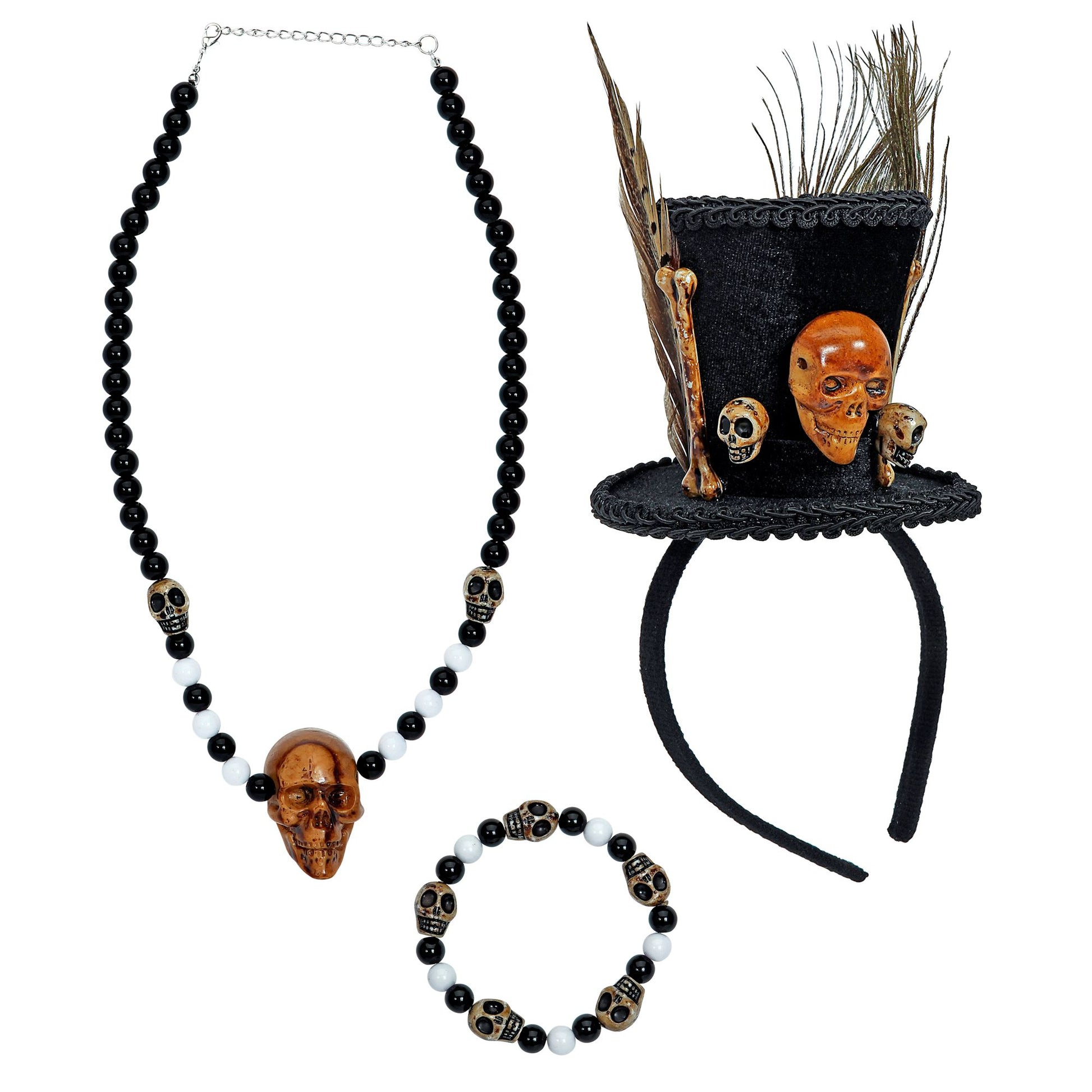 "VOODOO PRIESTERIN" (Minizylinder, Perlenkette mit Totenkopf, Totenkopfarmband mit Perlen) – Vorderansicht