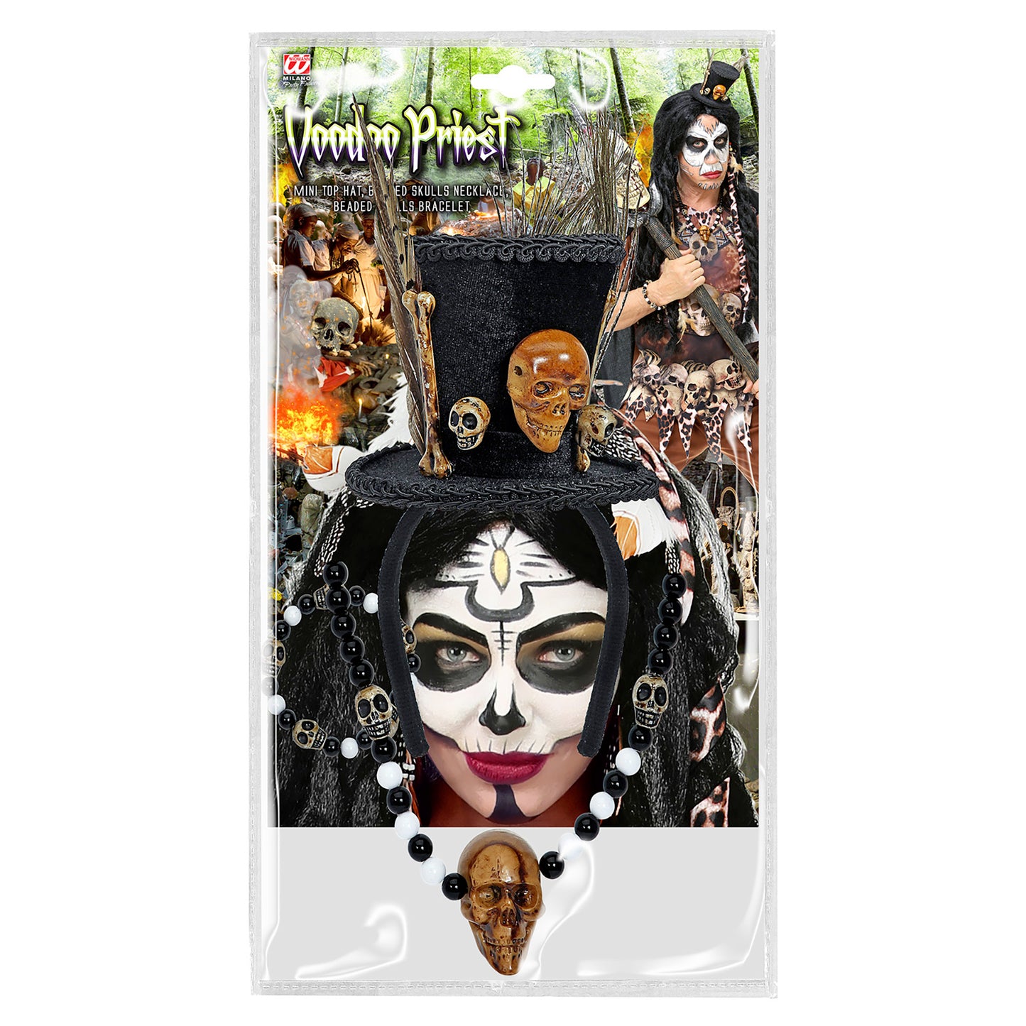 "VOODOO PRIESTERIN" (Minizylinder, Perlenkette mit Totenkopf, Totenkopfarmband mit Perlen) – Detailansicht