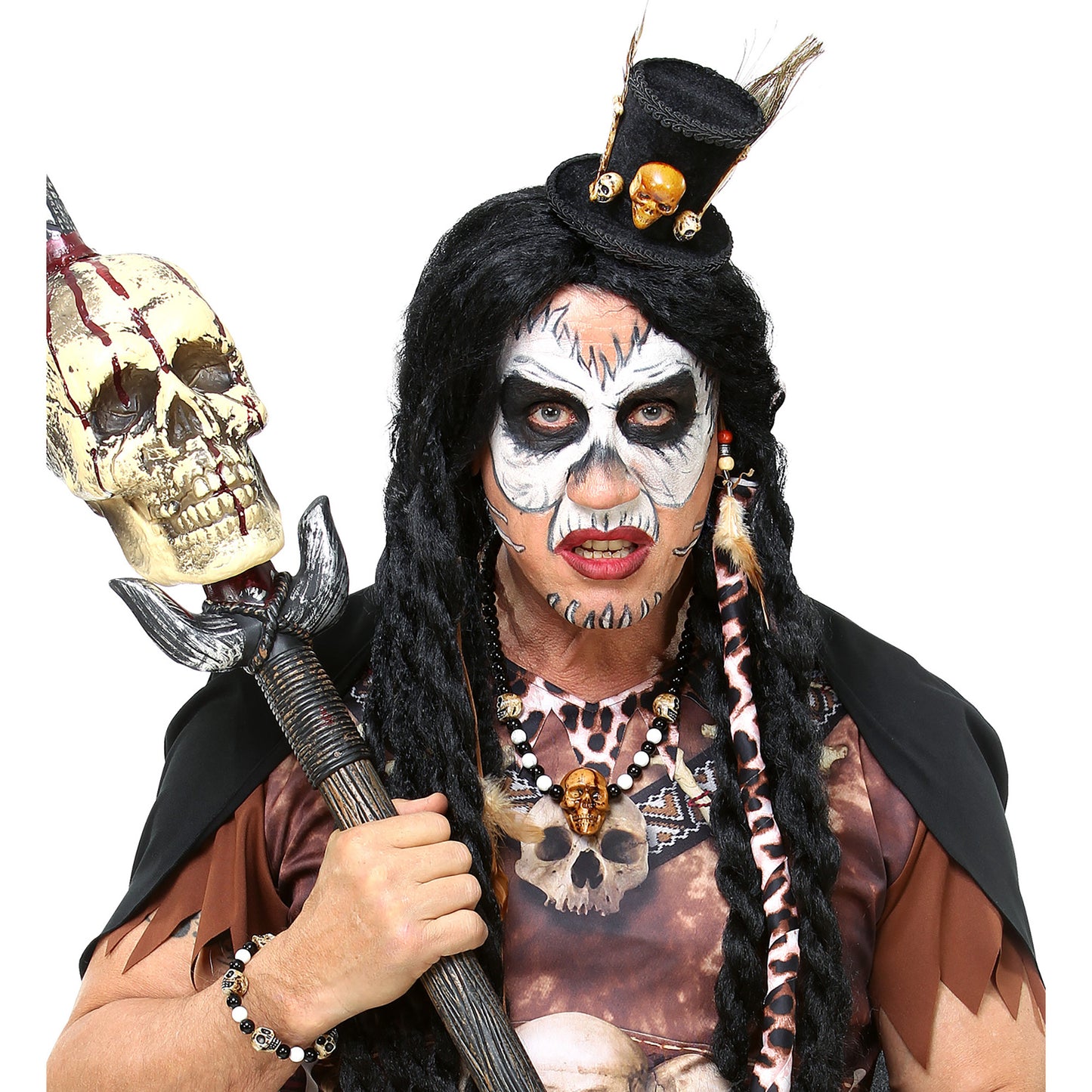 "VOODOO PRIESTERIN" (Minizylinder, Perlenkette mit Totenkopf, Totenkopfarmband mit Perlen) – Ansicht 3