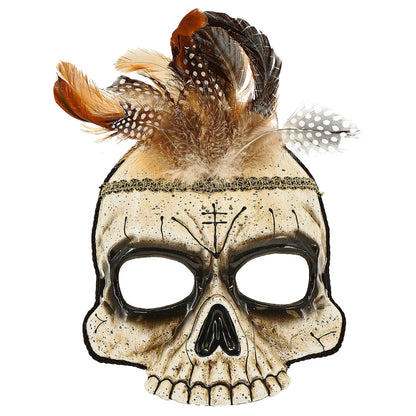 "VOODOO TOTENKOPF MASKE KINNLOS MIT FEDERN AUS HARDPLASTIK" – Vorderansicht