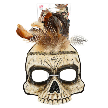 "VOODOO TOTENKOPF MASKE KINNLOS MIT FEDERN AUS HARDPLASTIK" – Detailansicht