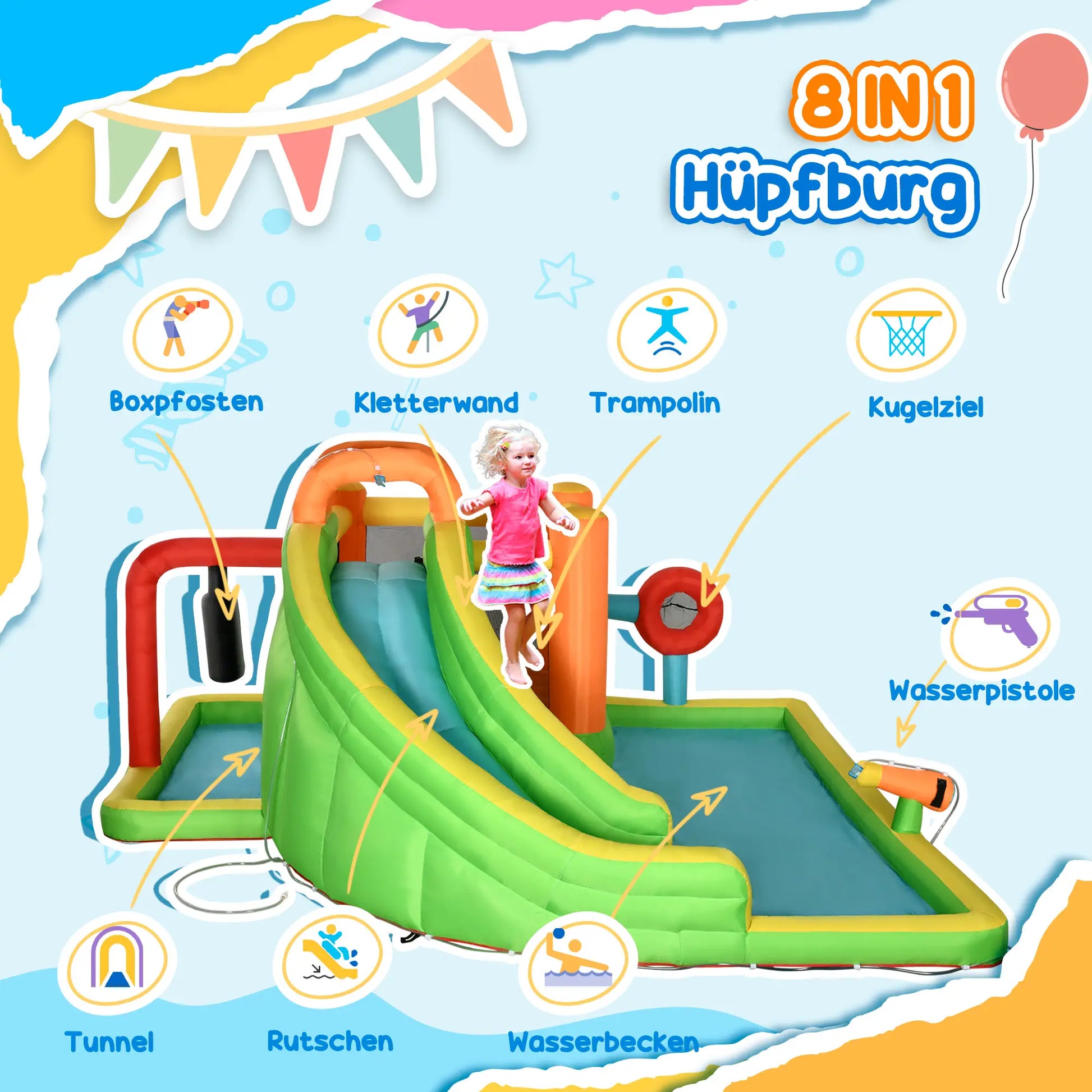 Bunte aufblasbare Hüpfburg mit Rutsche, zwei Wasserbecken und Boxsack im Garten