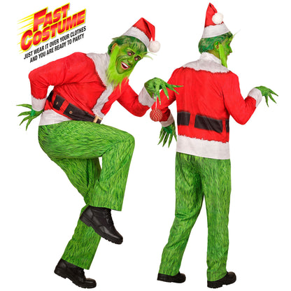 "WEIHNACHTSMONSTER FAST COSTUME" (Oberteil, Hose, Mütze, Handschuhe, Bart, Augenbrauen) – Vorderansicht