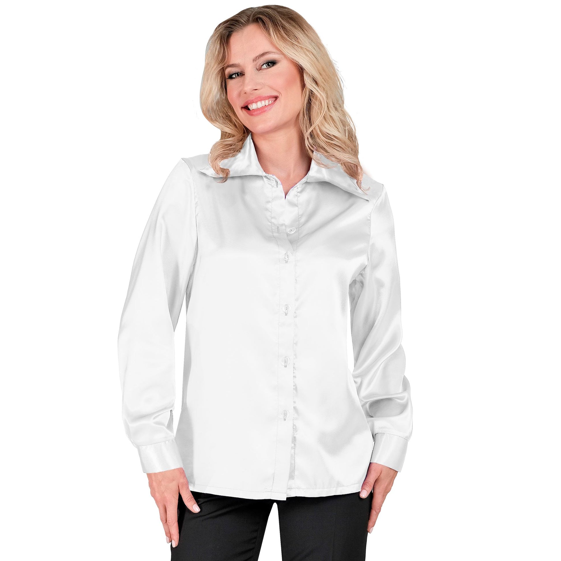 "WEISSE 70s DISCO BLUSE" aus Satin – Vorderansicht