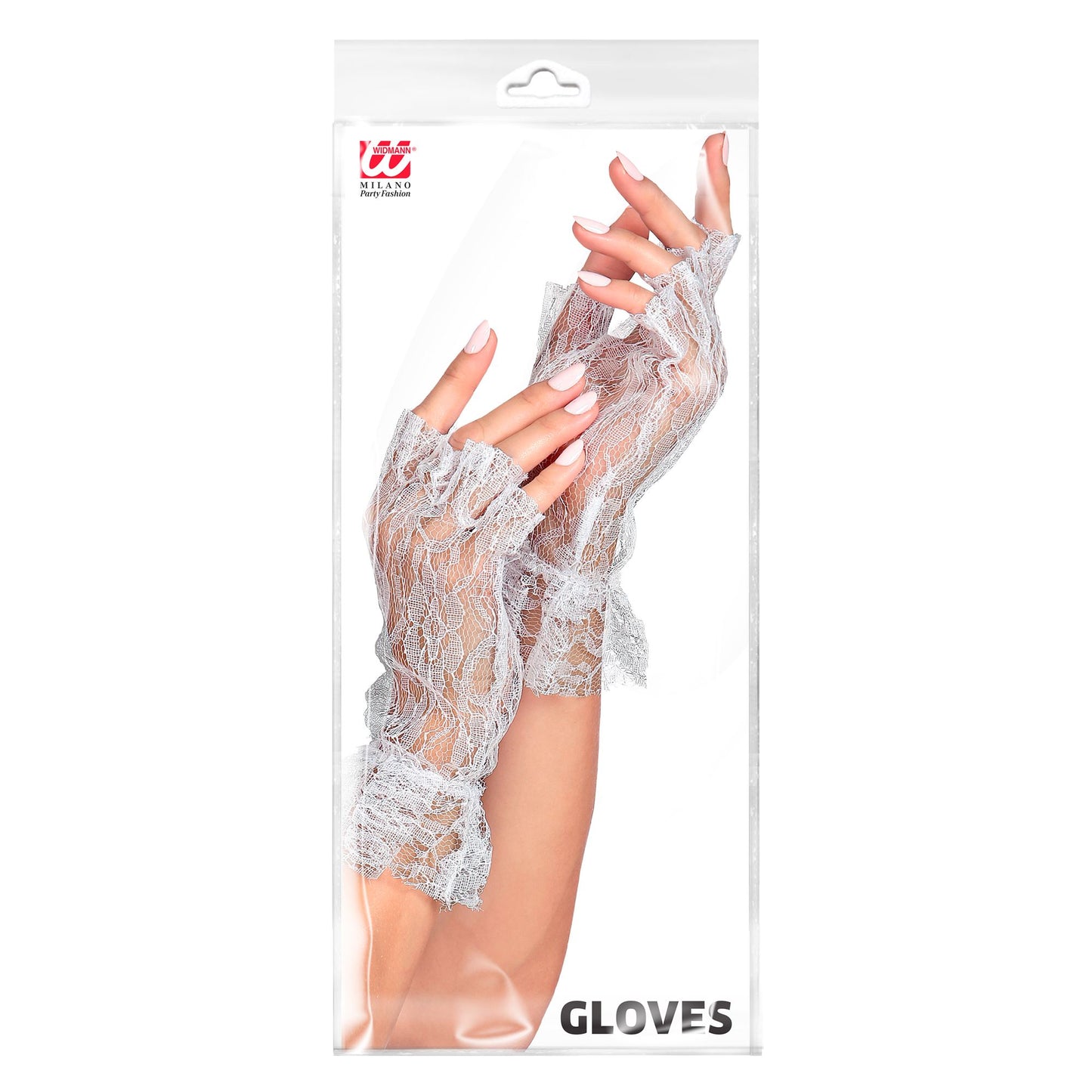 "WEIßE FINGERLOSE HANDSCHUHE AUS SPITZE" – Detailansicht