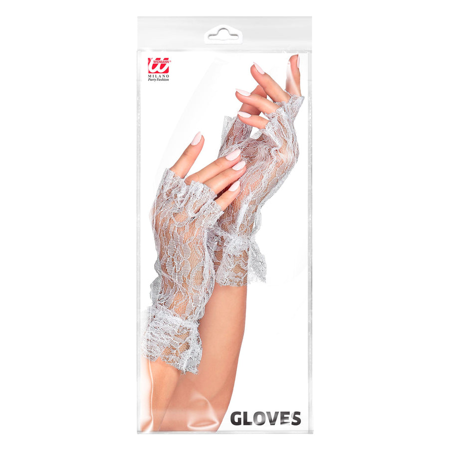 "WEIßE FINGERLOSE HANDSCHUHE AUS SPITZE" – Detailansicht