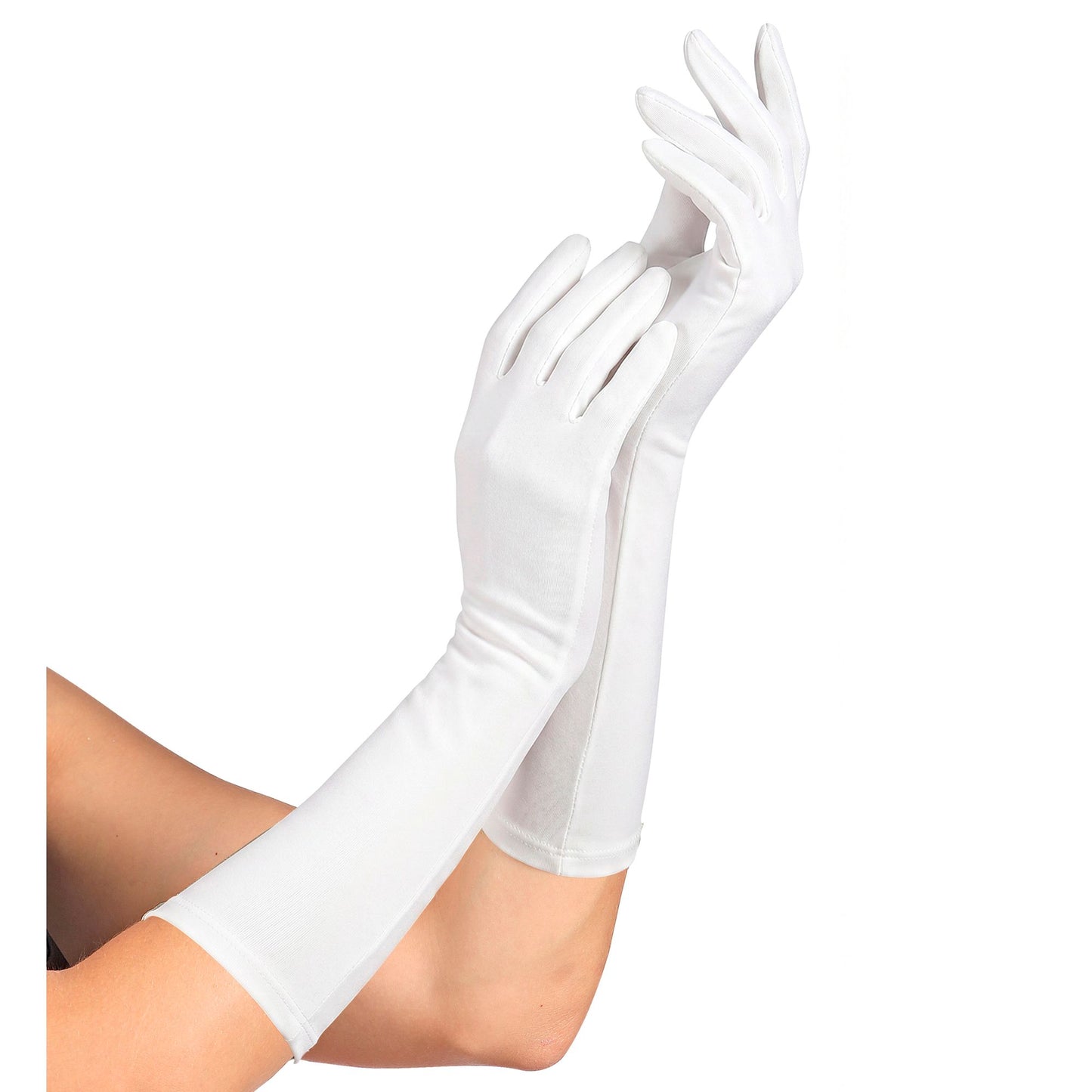 "WEISSE LANGE HANDSCHUHE IN ELASTHAN" 40 cm - passend auch für Männer – Vorderansicht