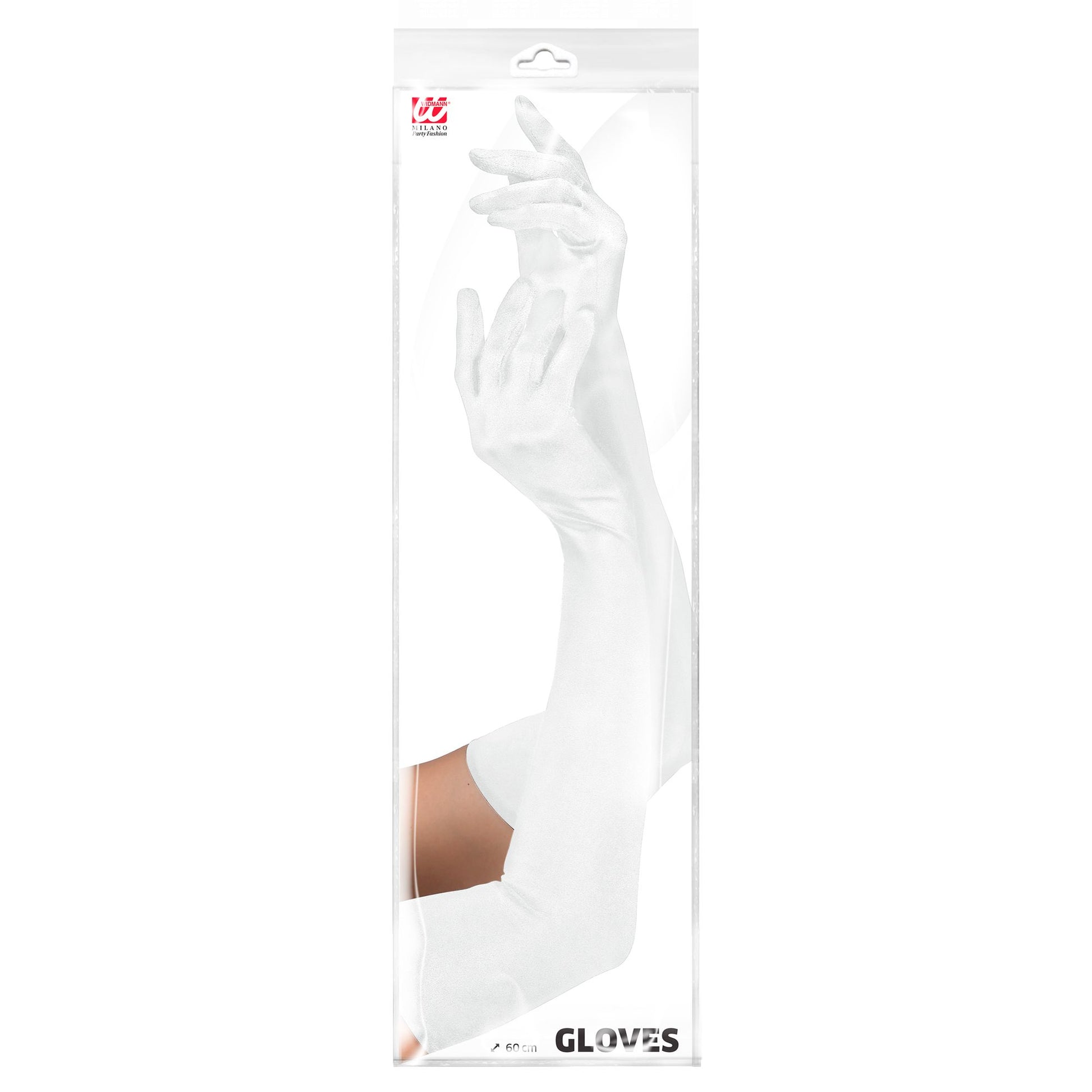 "WEISSE LANGE HANDSCHUHE IN ELASTHAN" 60 cm - passend auch für Männer – Detailansicht
