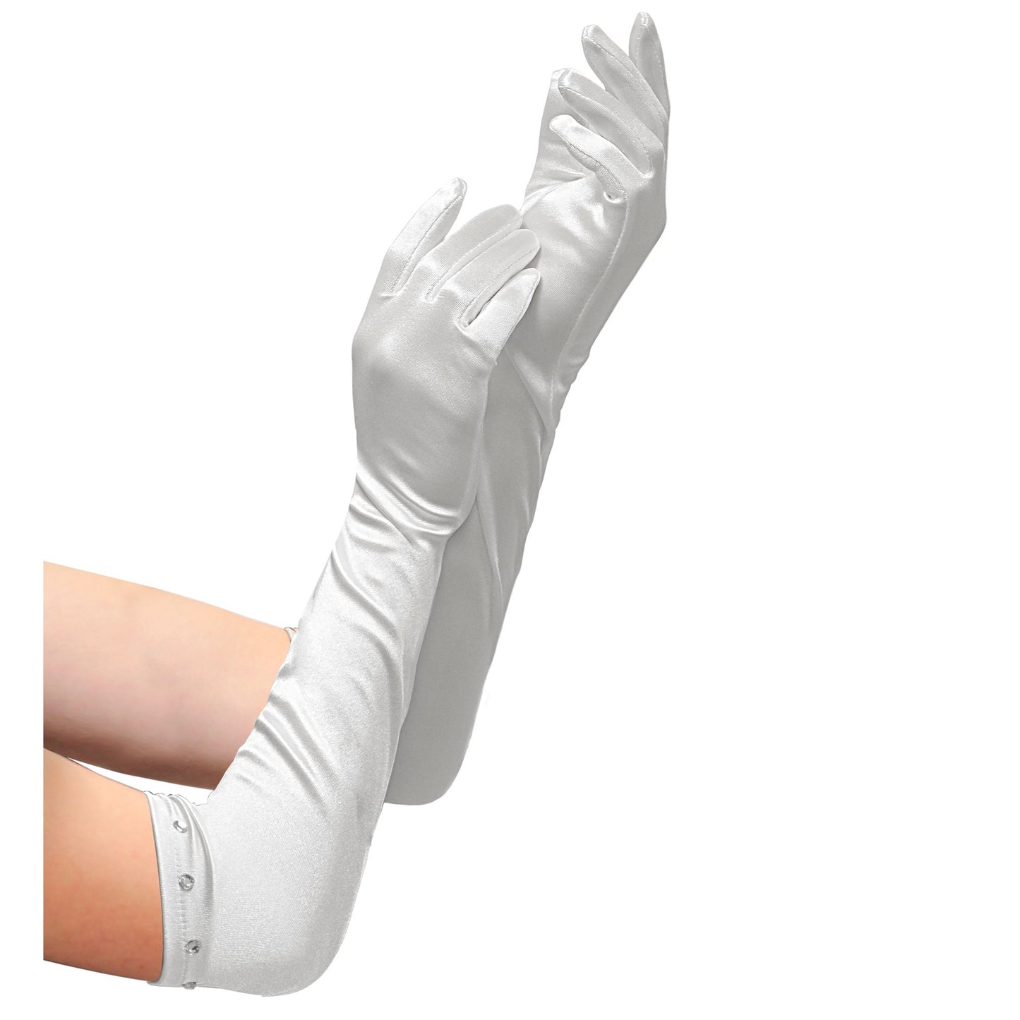 "WEISSE LANGE SATIN HANDSCHUHE MIT STRASS VERZIERUNG" Kindergröße – Vorderansicht