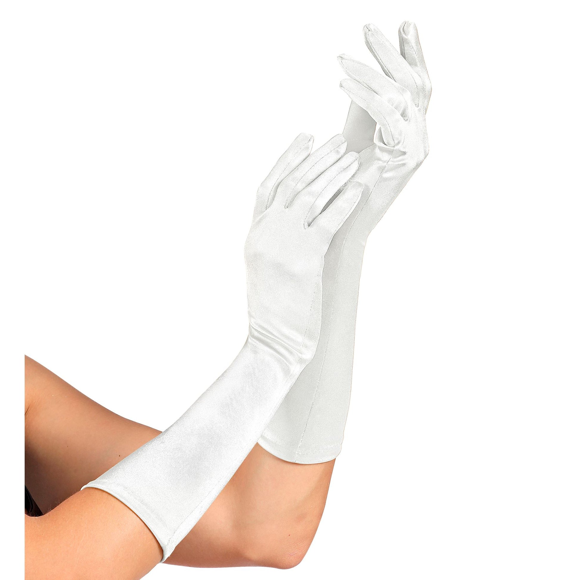 "WEISSE SATIN HANDSCHUHE IN ELASTHAN" 40 cm – Vorderansicht